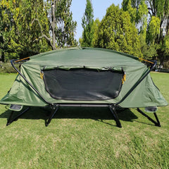 HI SUYI tent cot folding-off-ground set-up demonstrates fast outdoor sleep solution.