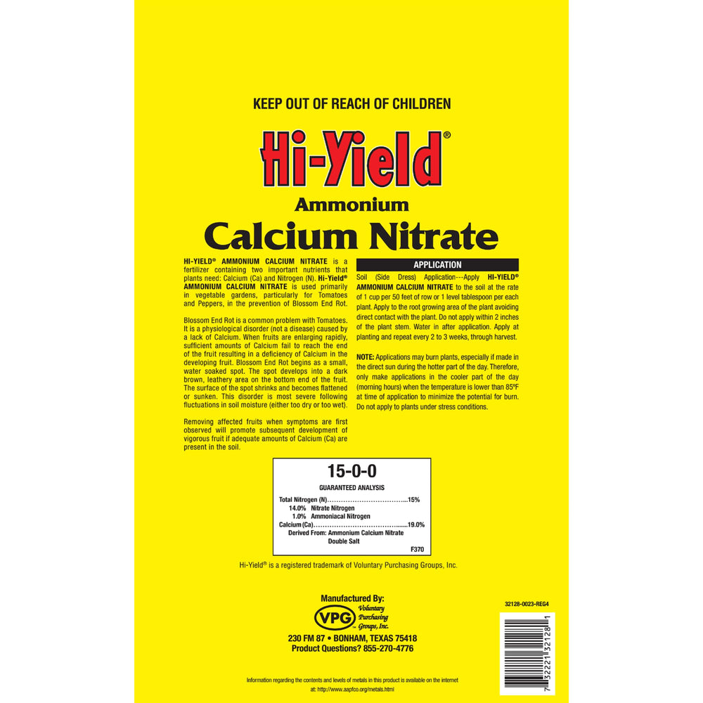 Hi-Yield ammonium calcium nitrate bag shown for convenient garden storage and use.