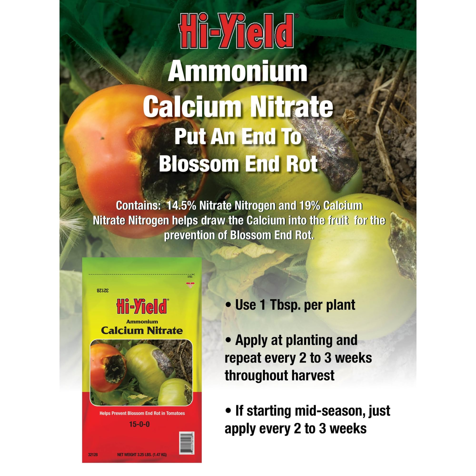 Hi-Yield ammonium calcium nitrate in garden beds improves overall soil balance.