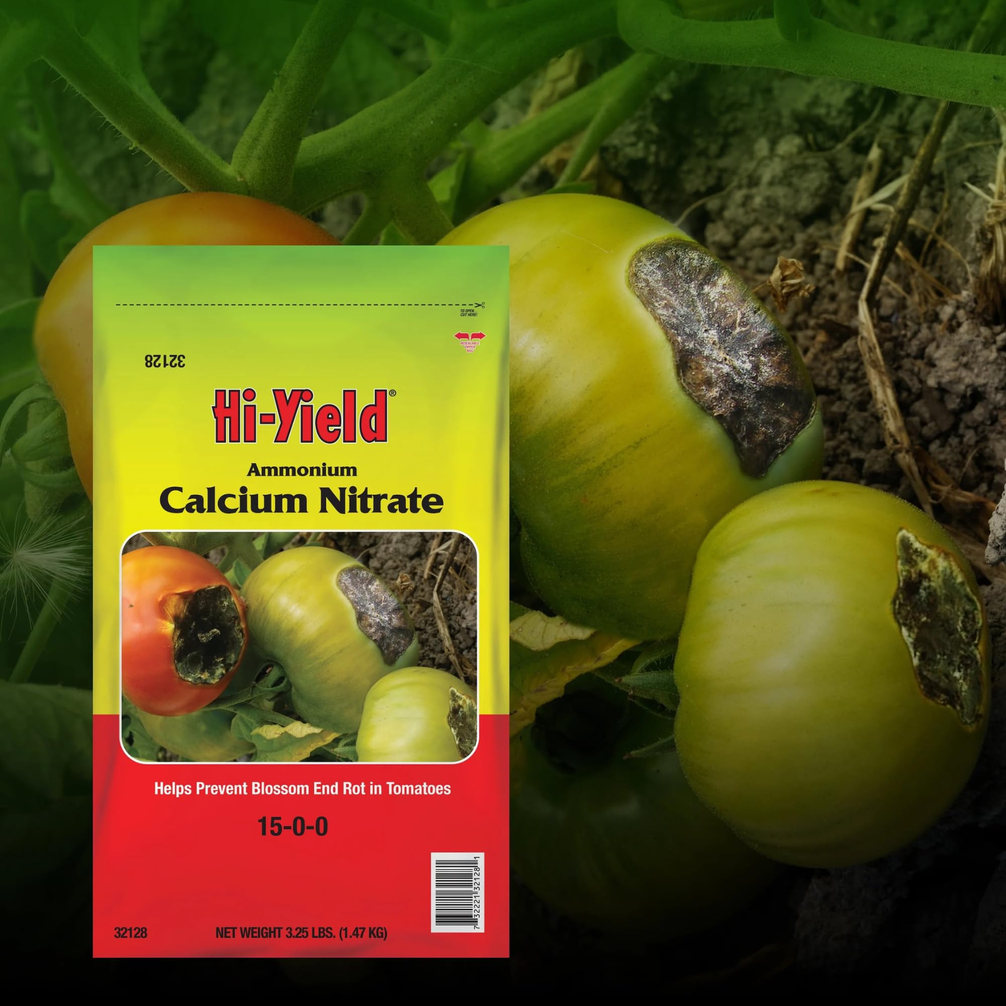 Hi-Yield ammonium calcium nitrate on tomatoes promotes calcium uptake during fruiting.