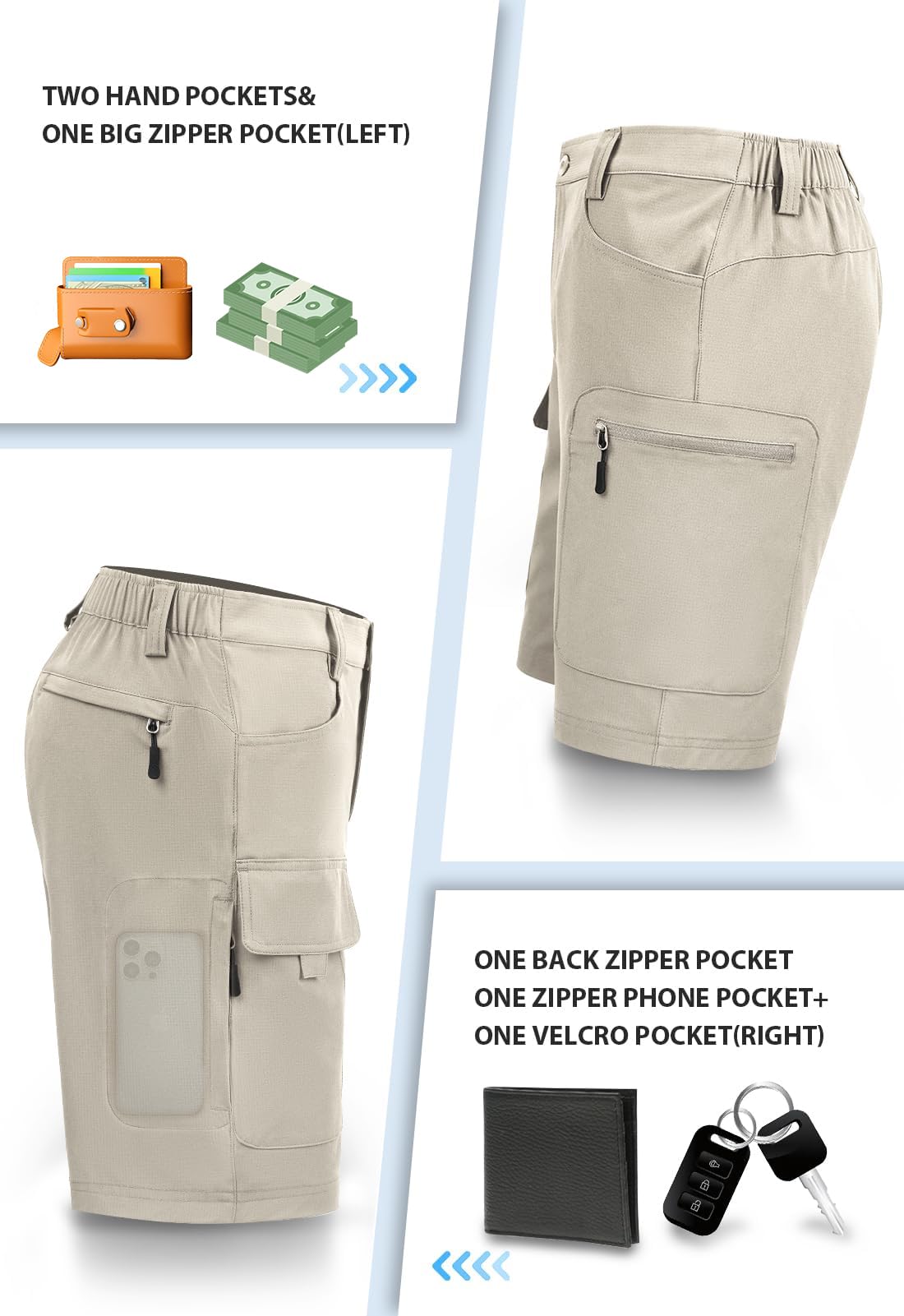 Hiauspor men's hiking cargo shorts beige 46 back view with adjustable waist area