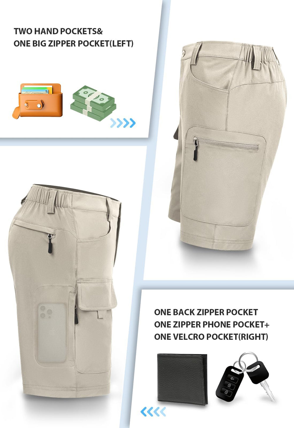 Hiauspor shorts beige pocket layout highlights six pockets for secure essentials during outdoor adventures.