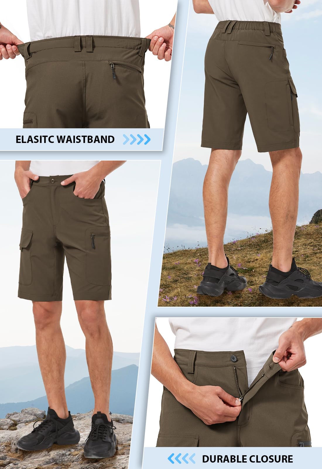 Hiauspor men's hiking cargo shorts brown 42 back view showing adjustable waistband