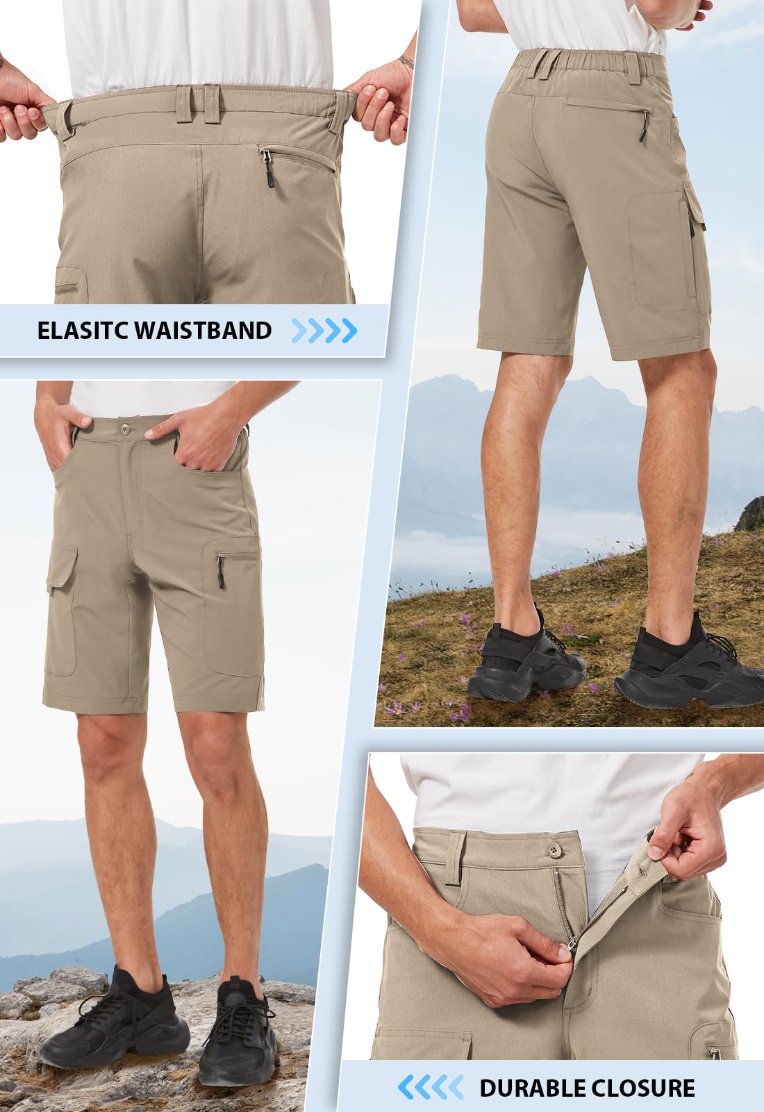 Hiauspor men's hiking cargo shorts camel waistband adjustment for a secure fit