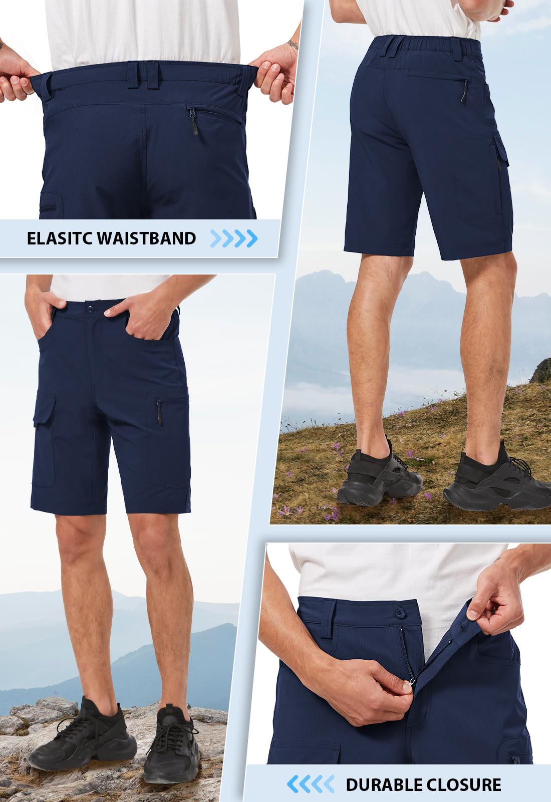 Hiauspor navy cargo shorts side pocket closeup showing six-pocket layout for easy organization