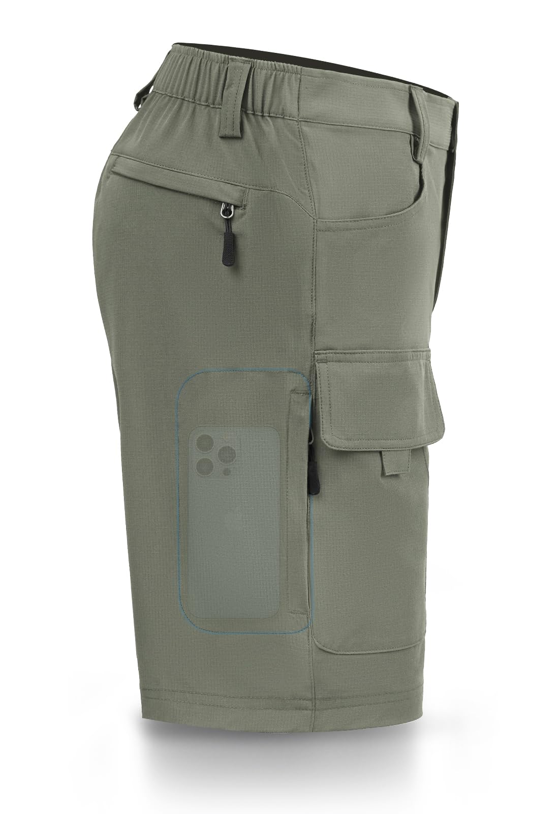 Hiauspor men's hiking cargo shorts front view shows quick-dry fabric and sage green color