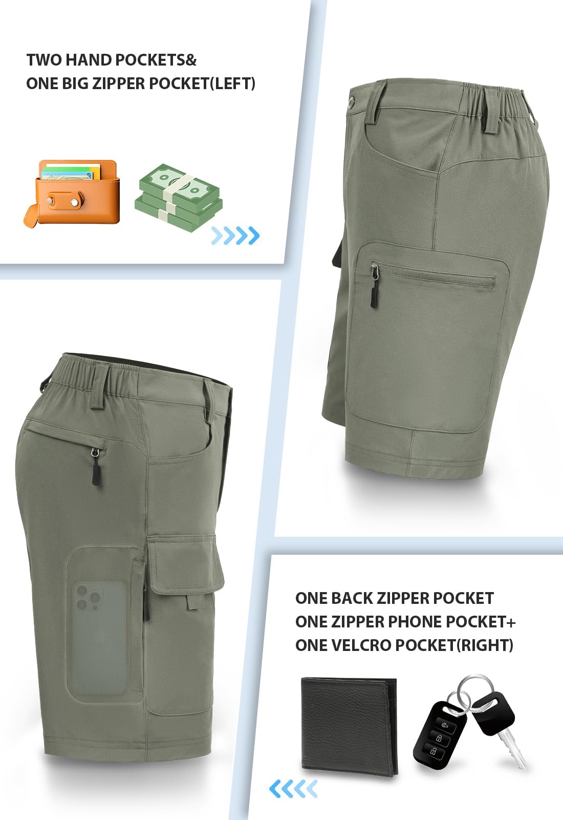 Hiauspor men's hiking cargo shorts six-pocket layout enables organized storage on trips