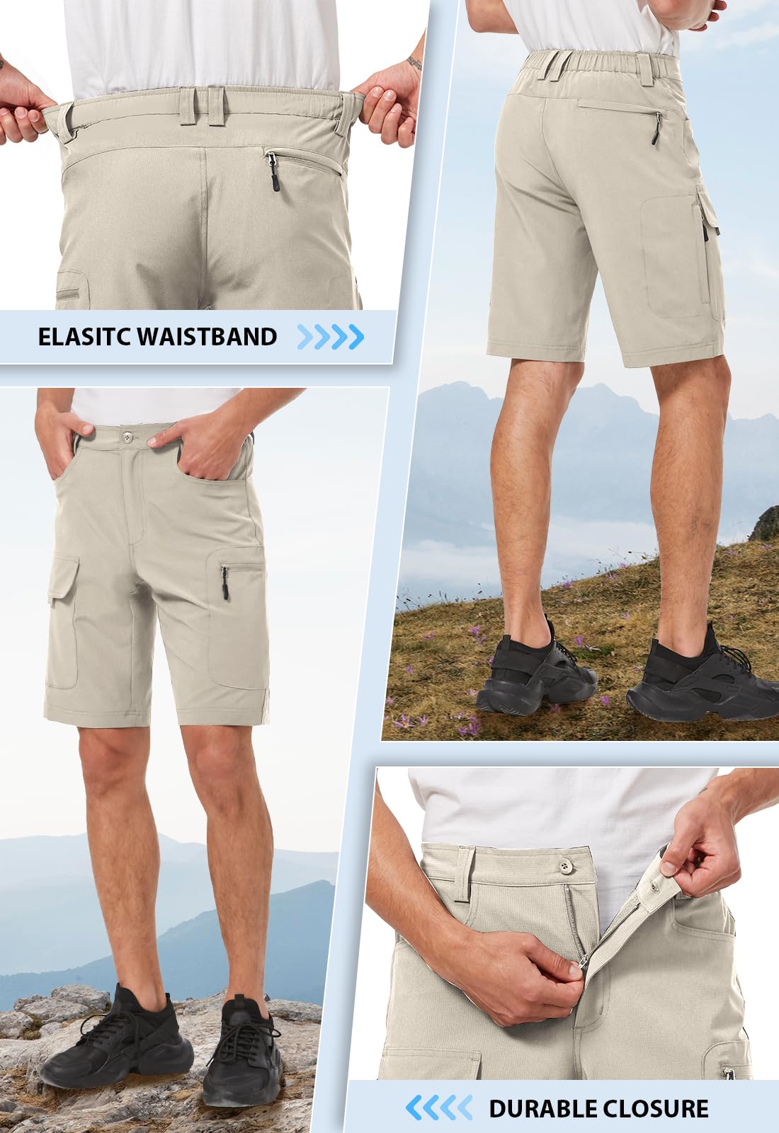 Hiauspor cargo shorts beige six-pocket layout keeps essentials secure during hikes.