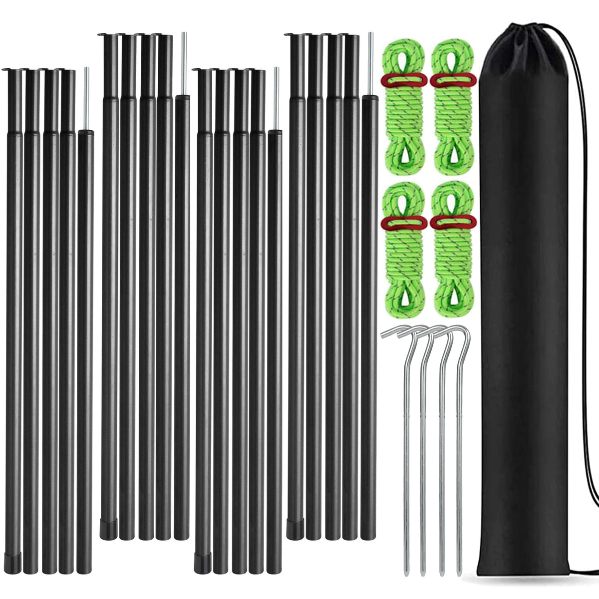 Hibinew tent poles with extendable sections enable quick tarp adjustments.