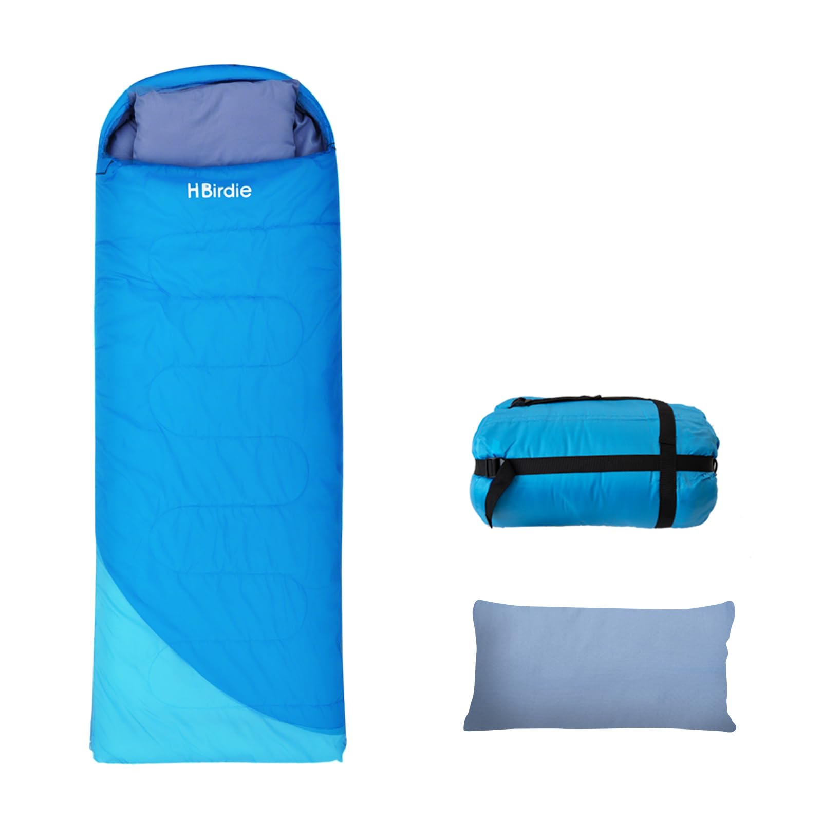 Hibirdie adult sleeping bag blue exterior, lightweight travel-ready design.