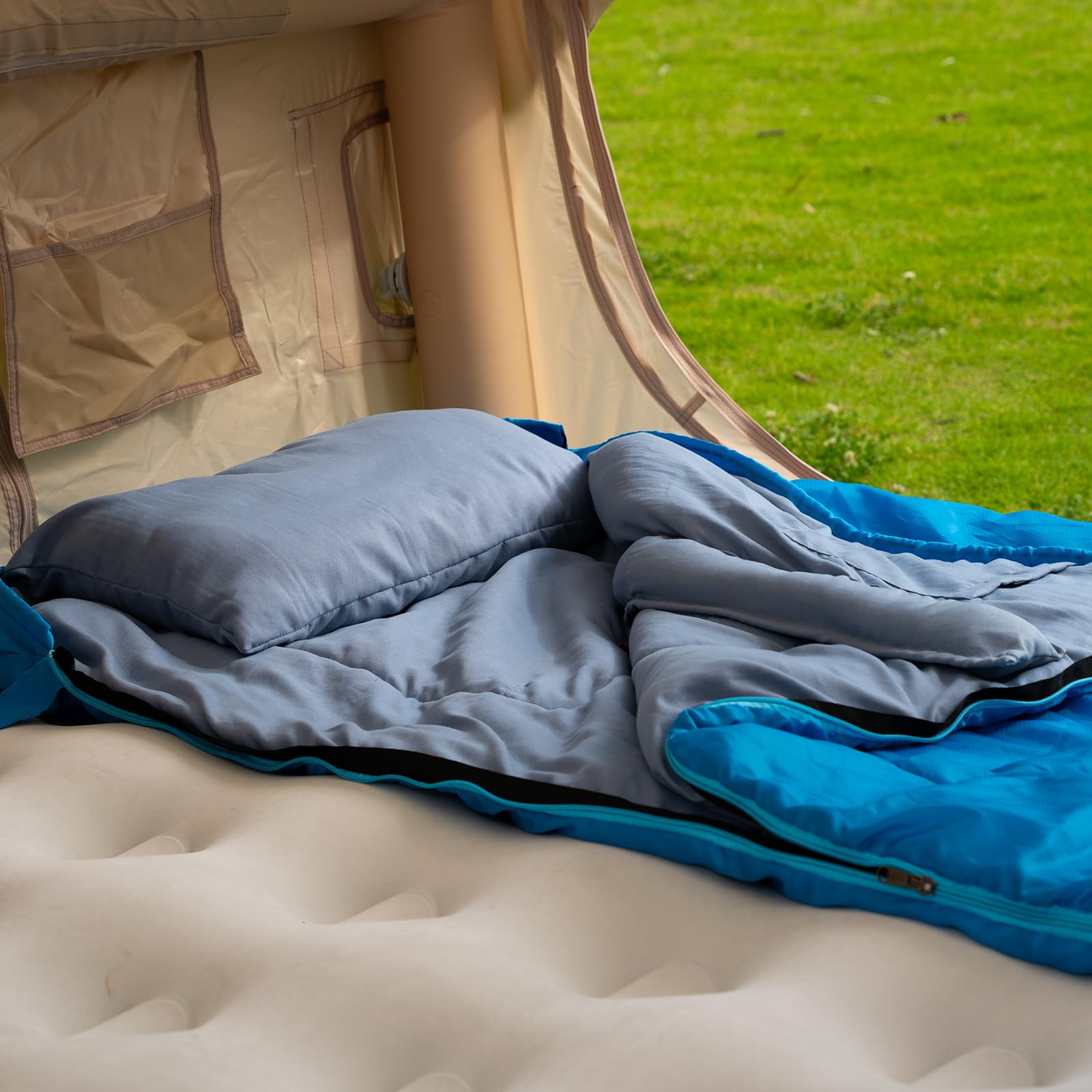 Hibirdie blue sleeping bag with generous 86-6 in length.