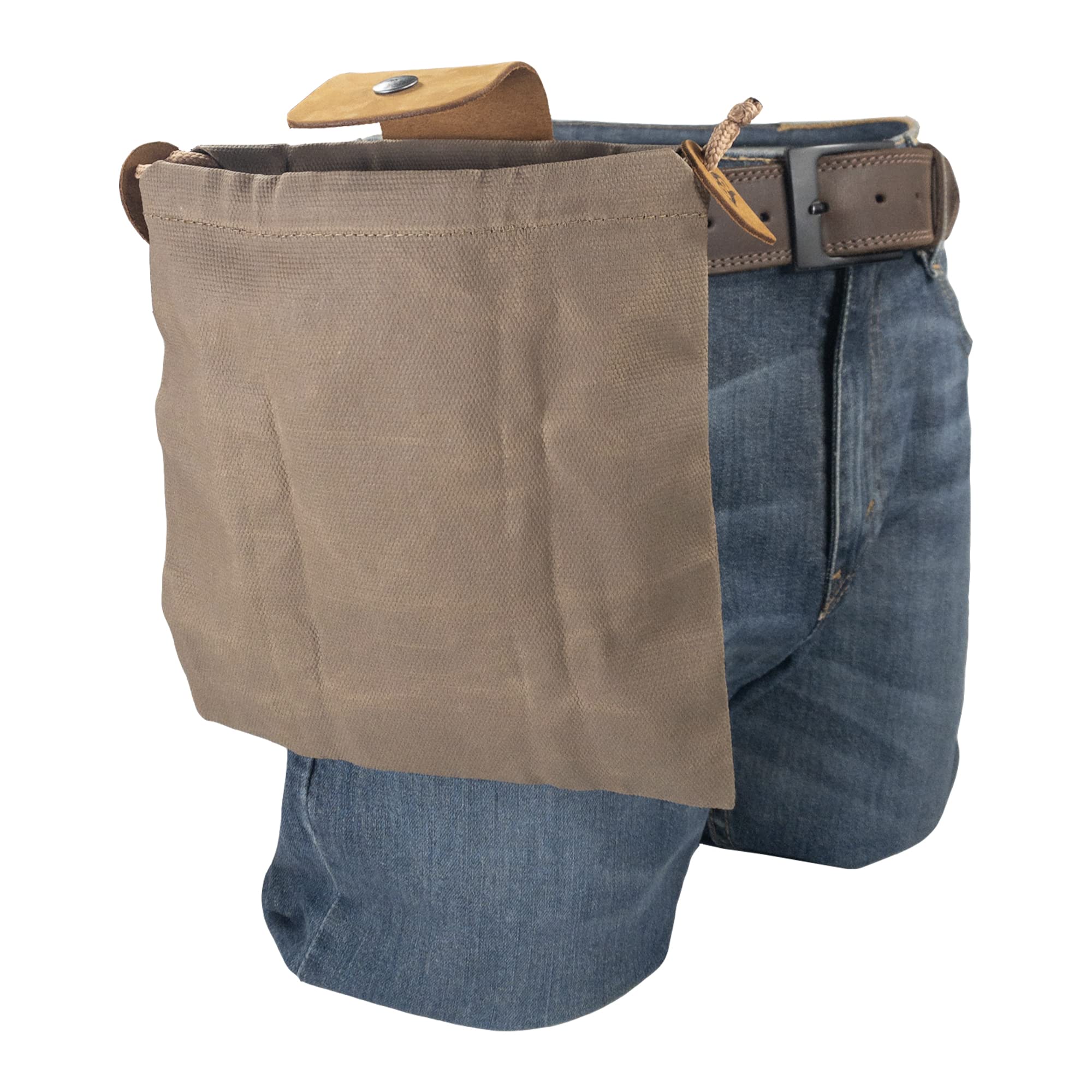 Hide & Drink waxed canvas pouch on backpack during hiking.