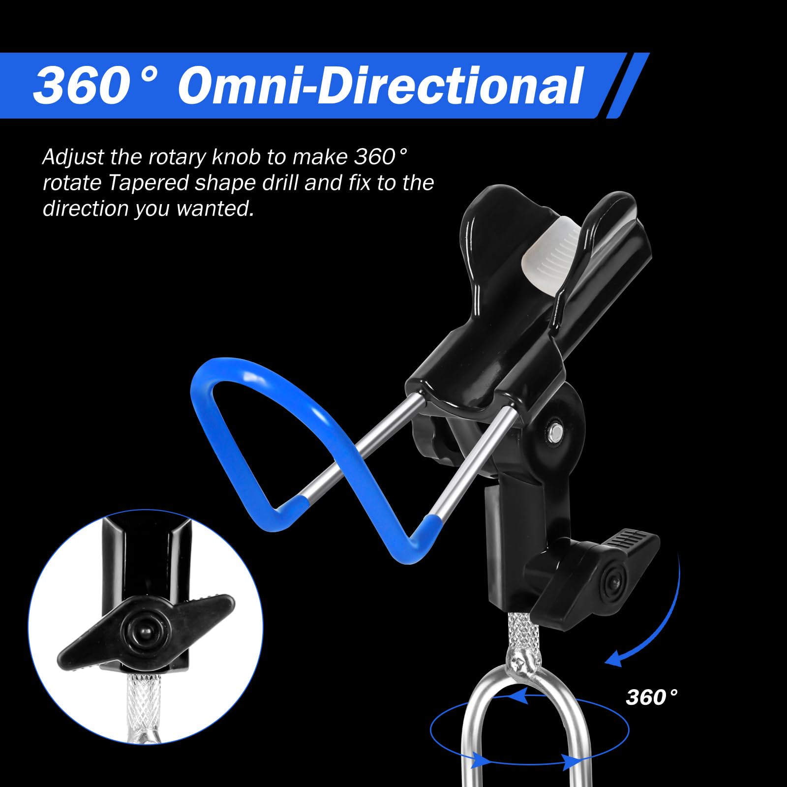 Hifisher rod holder with 180° vertical and 360° horizontal rotation.