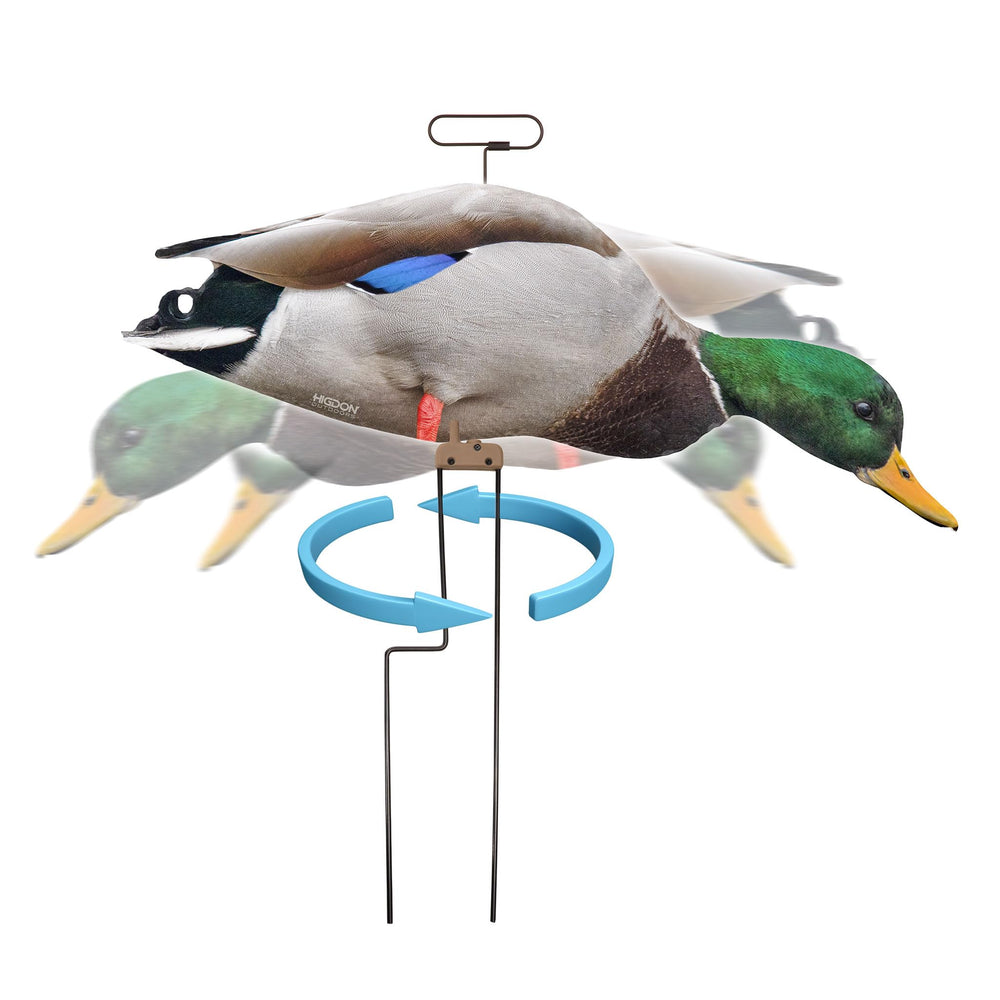 Higdon Outdoors Flats drake feeder decoy with motion-ready pose to entice passing ducks.