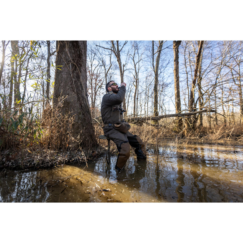 Higdon Outdoors Marsh Seat folds flat for compact backpack storage