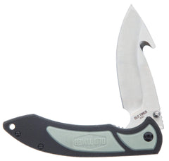 Close-up of high-carbon stainless steel gut hook blade.