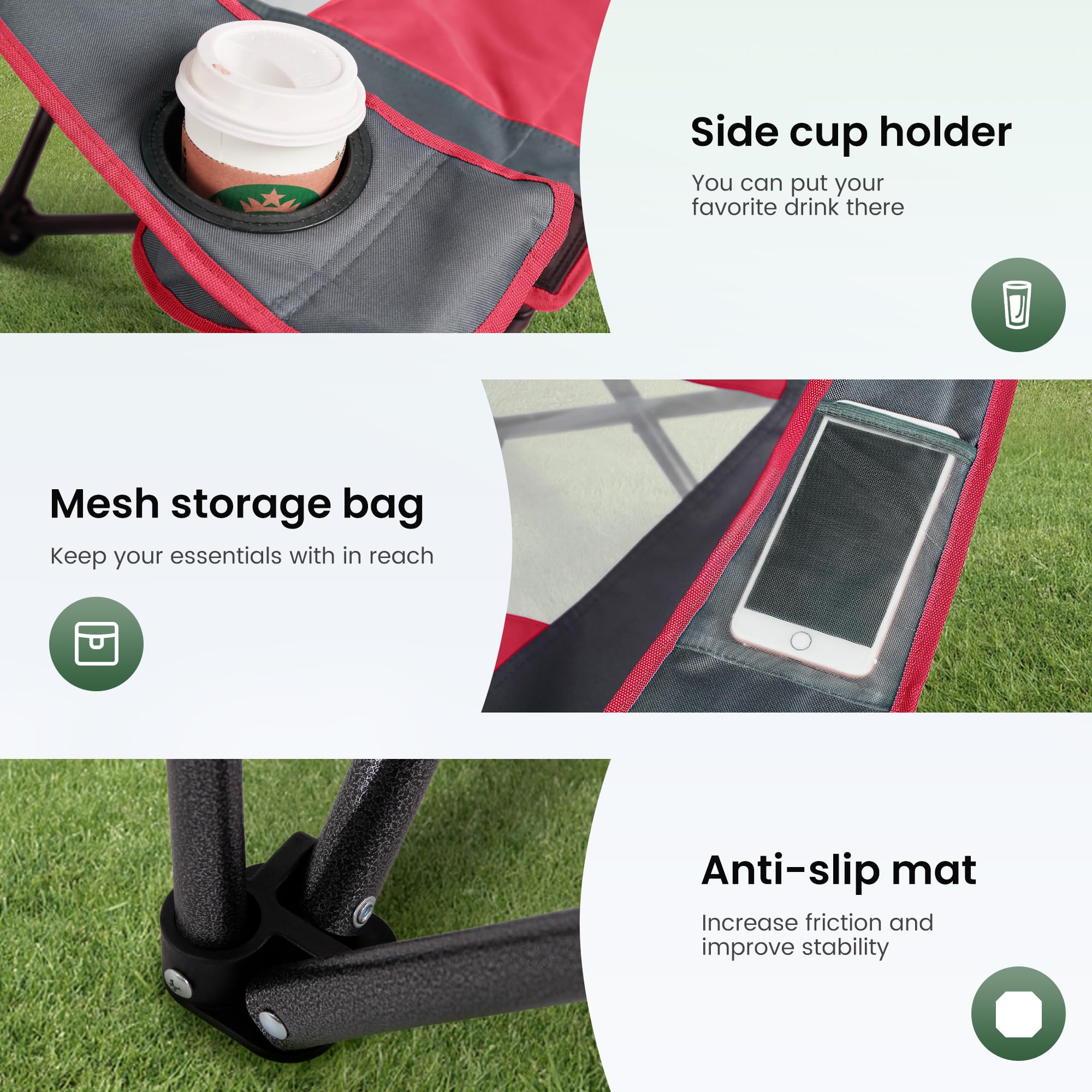 Breathable mesh back on HIGH POINT SPORTS chair with shade for cooling comfort.