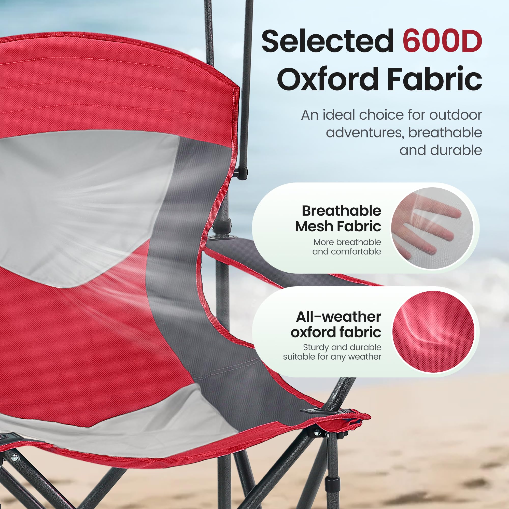 Beach-use setup with HIGH POINT SPORTS chair and shade by the shoreline.