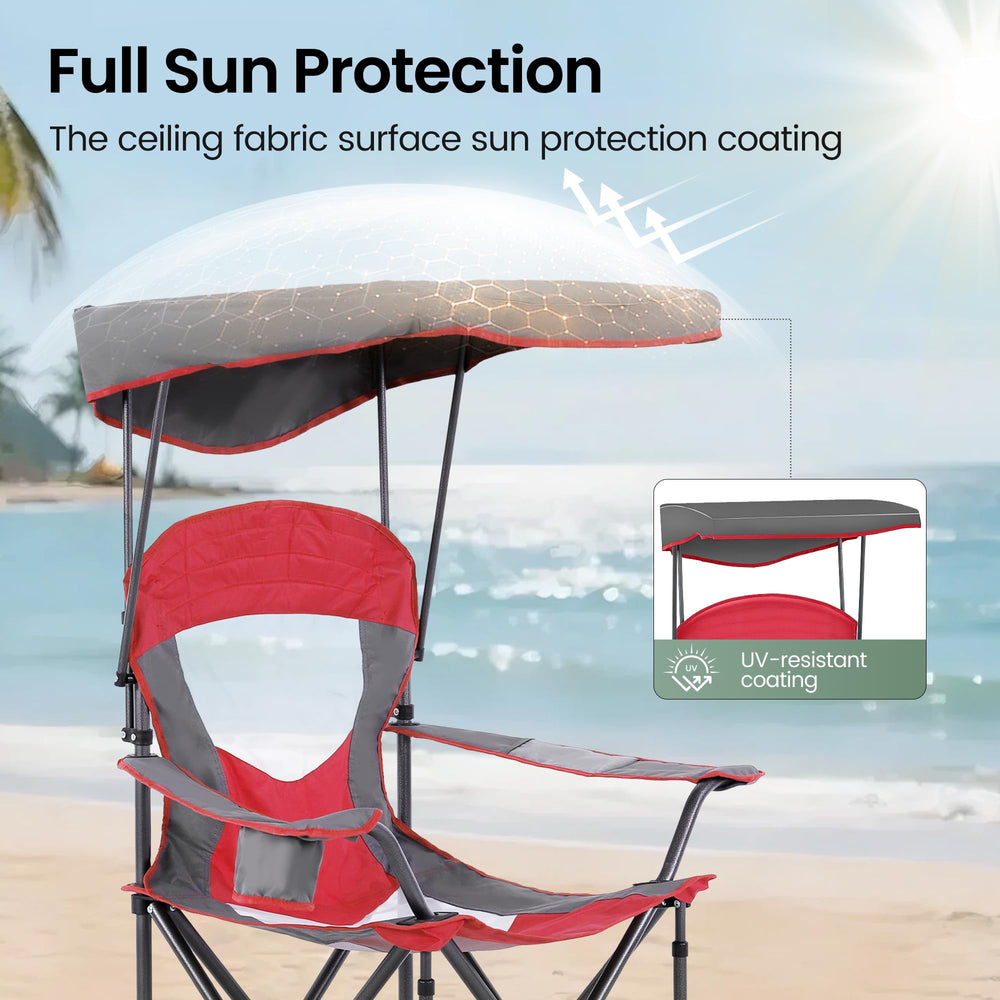 Folded HIGH POINT SPORTS chair with shade stored compactly in its carry bag.