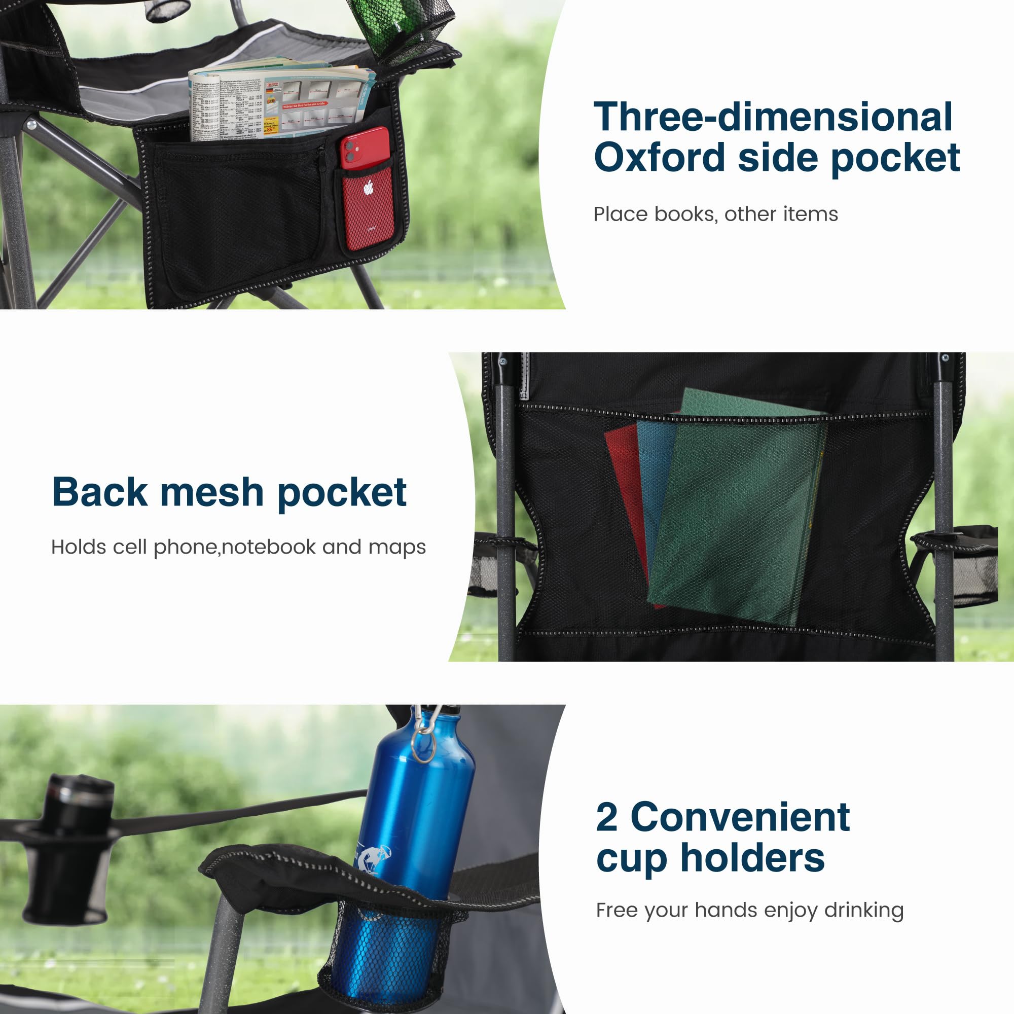 HIGH POINT SPORTS chair features side pocket and cup holder for essentials.