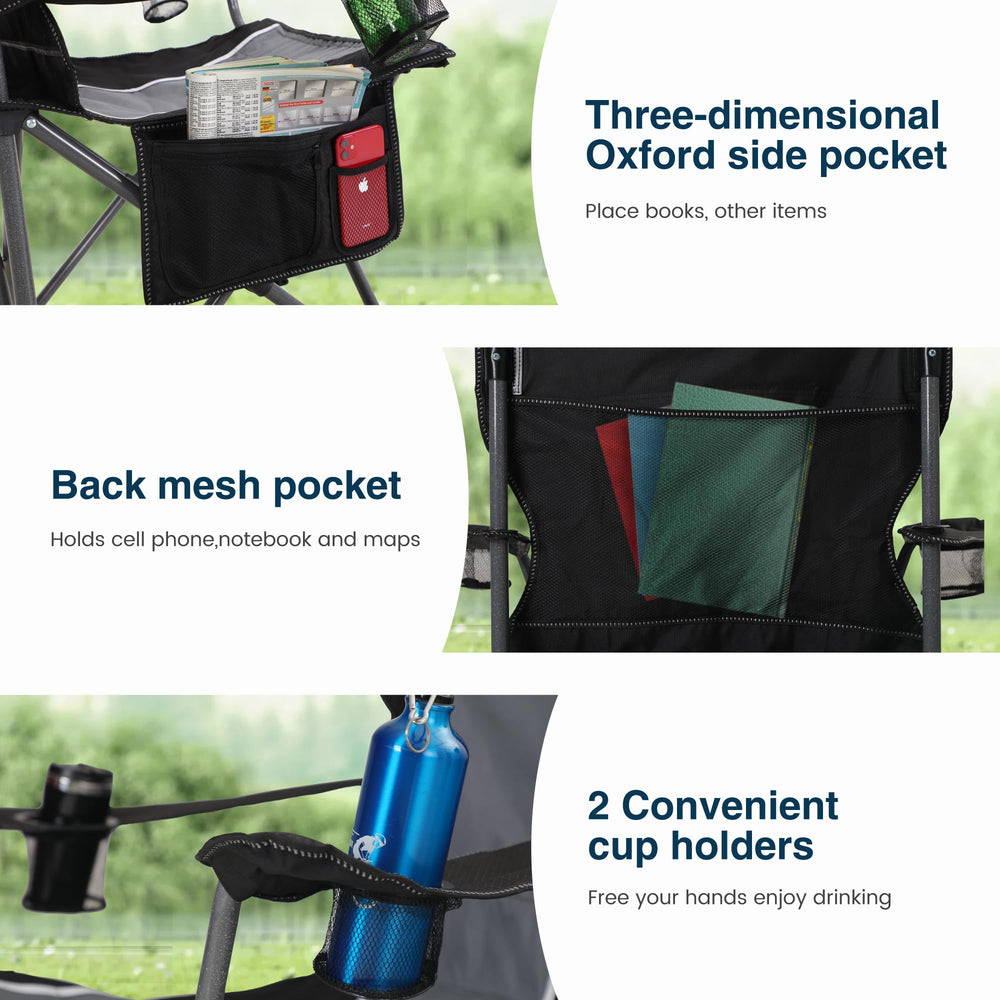 HIGH POINT SPORTS chair features side pocket and cup holder for essentials.