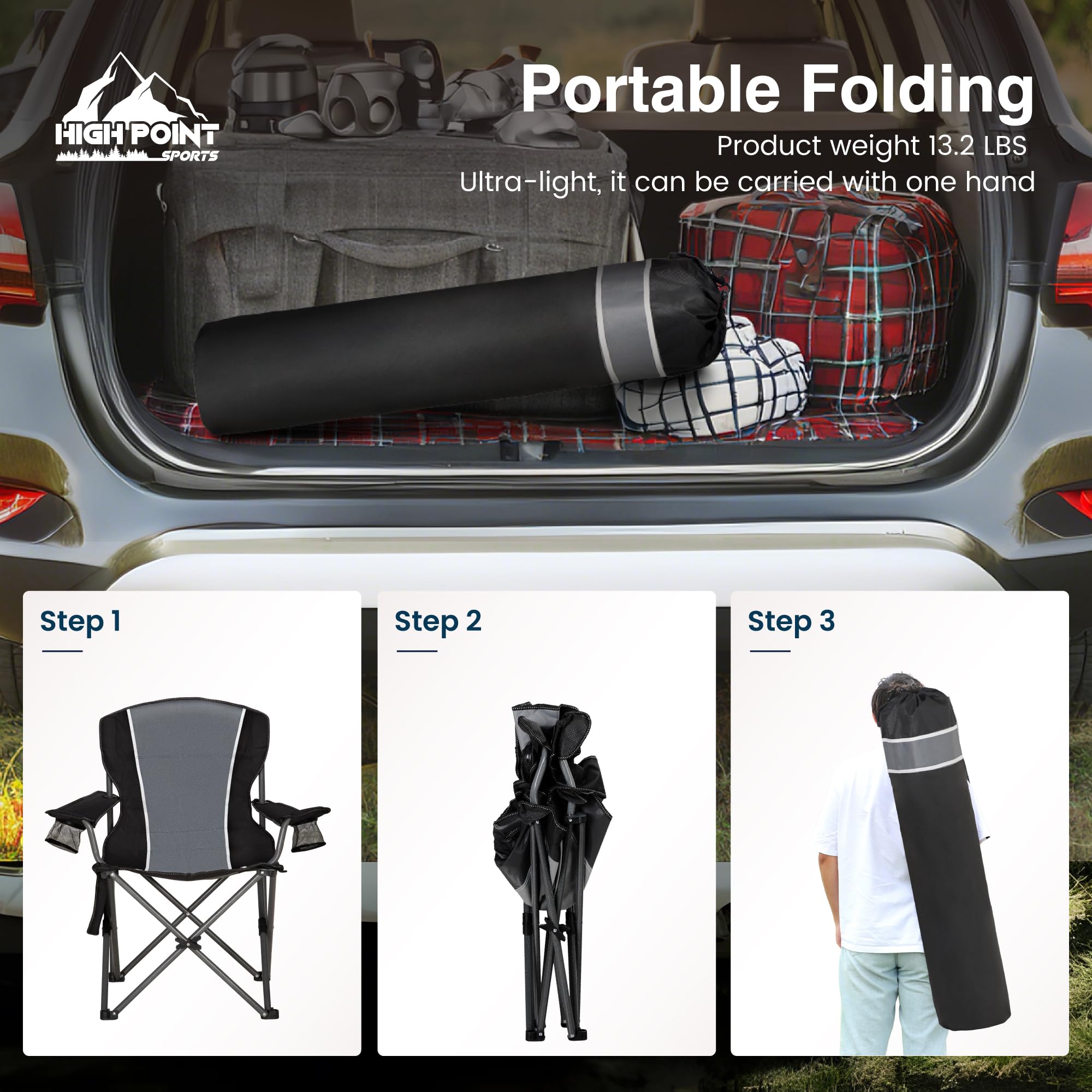 HIGH POINT SPORTS foldable chair dimensions 37 by 22 by 40 inches for spacious comfort.