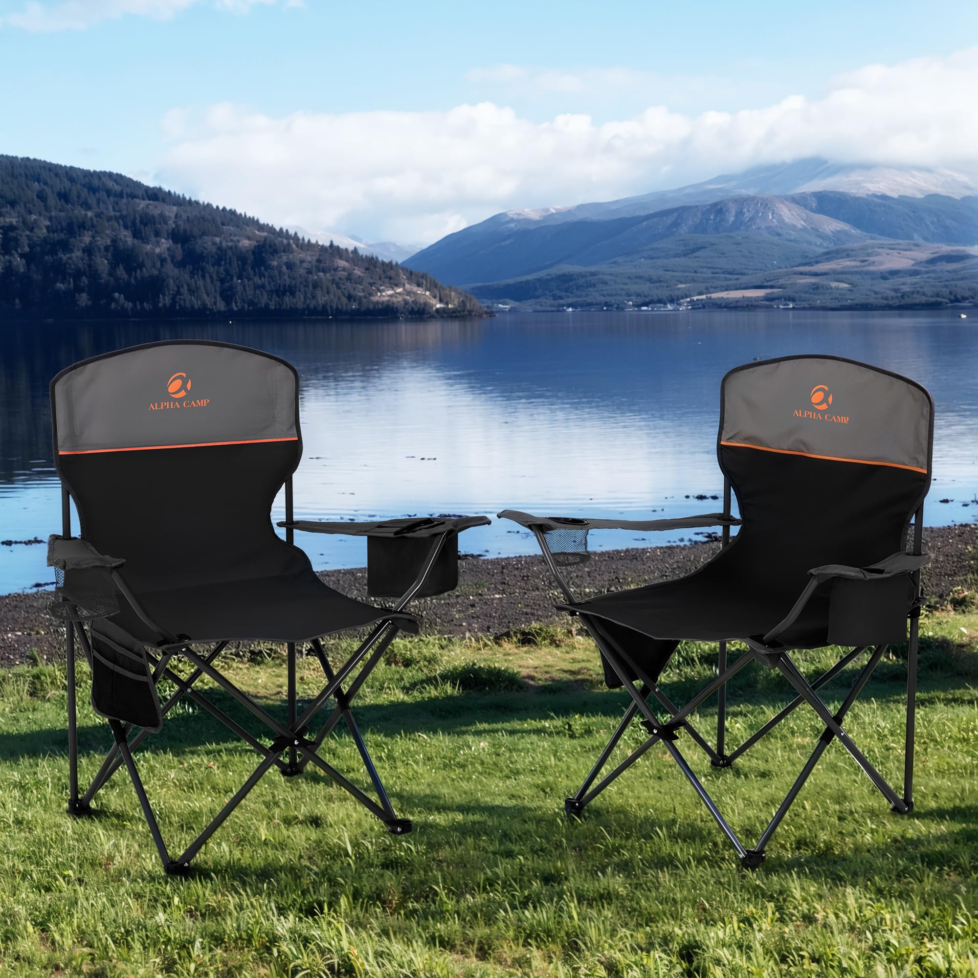 HIGH POINT SPORTS folding camp chair with cup holder keeps drinks within reach.