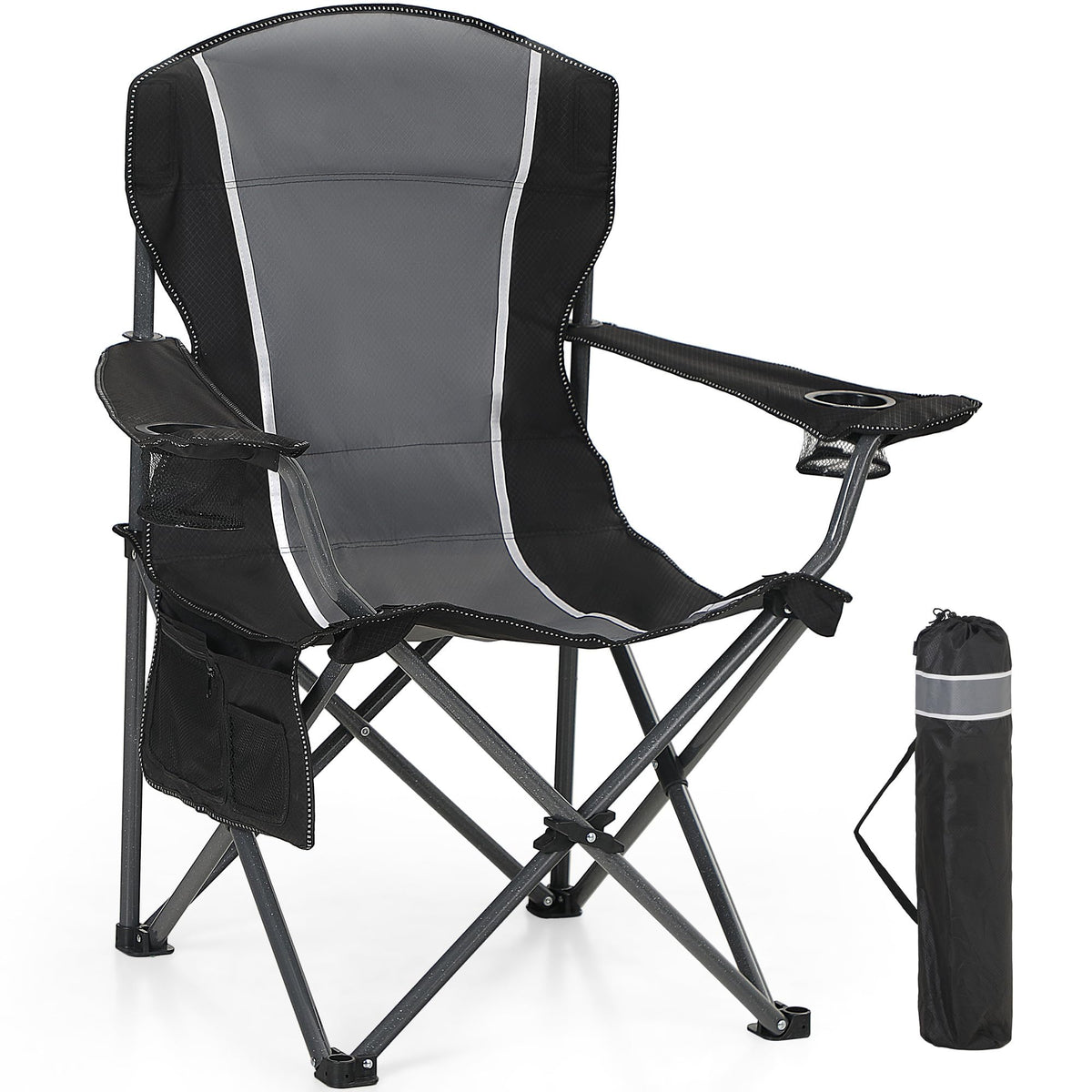 HIGH POINT SPORTS folding chair with cup holder for convenient drinks at the campsite.