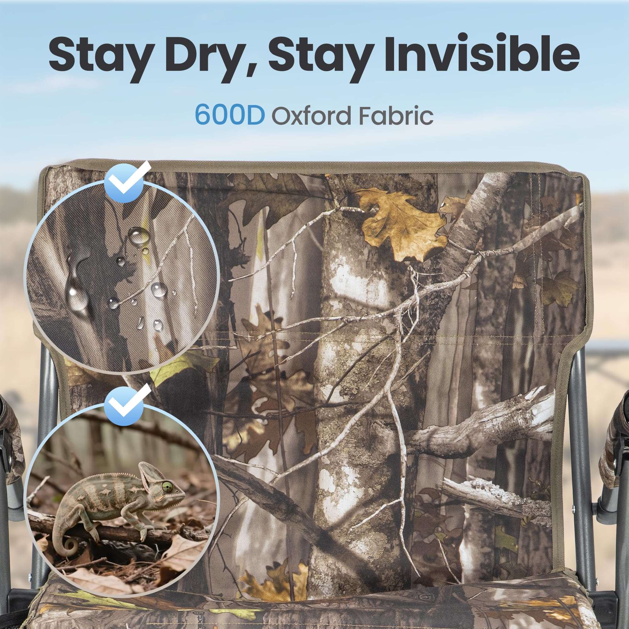 HIGH POINT SPORTS hunting chair camouflage pattern helps blend into surroundings.