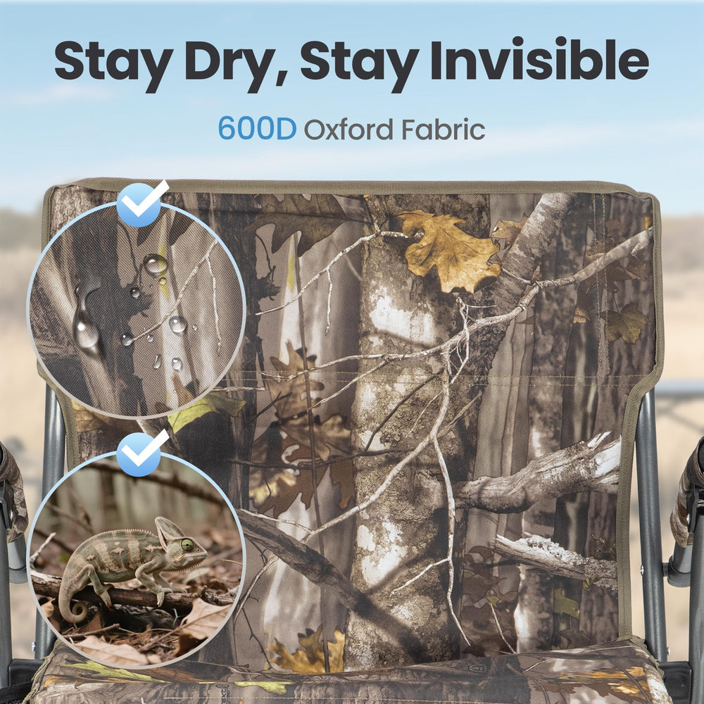HIGH POINT SPORTS hunting chair camouflage pattern helps blend into surroundings.