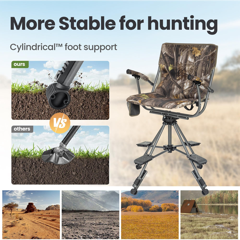 HIGH POINT SPORTS hunting chair circular foot design improves stability on mud.
