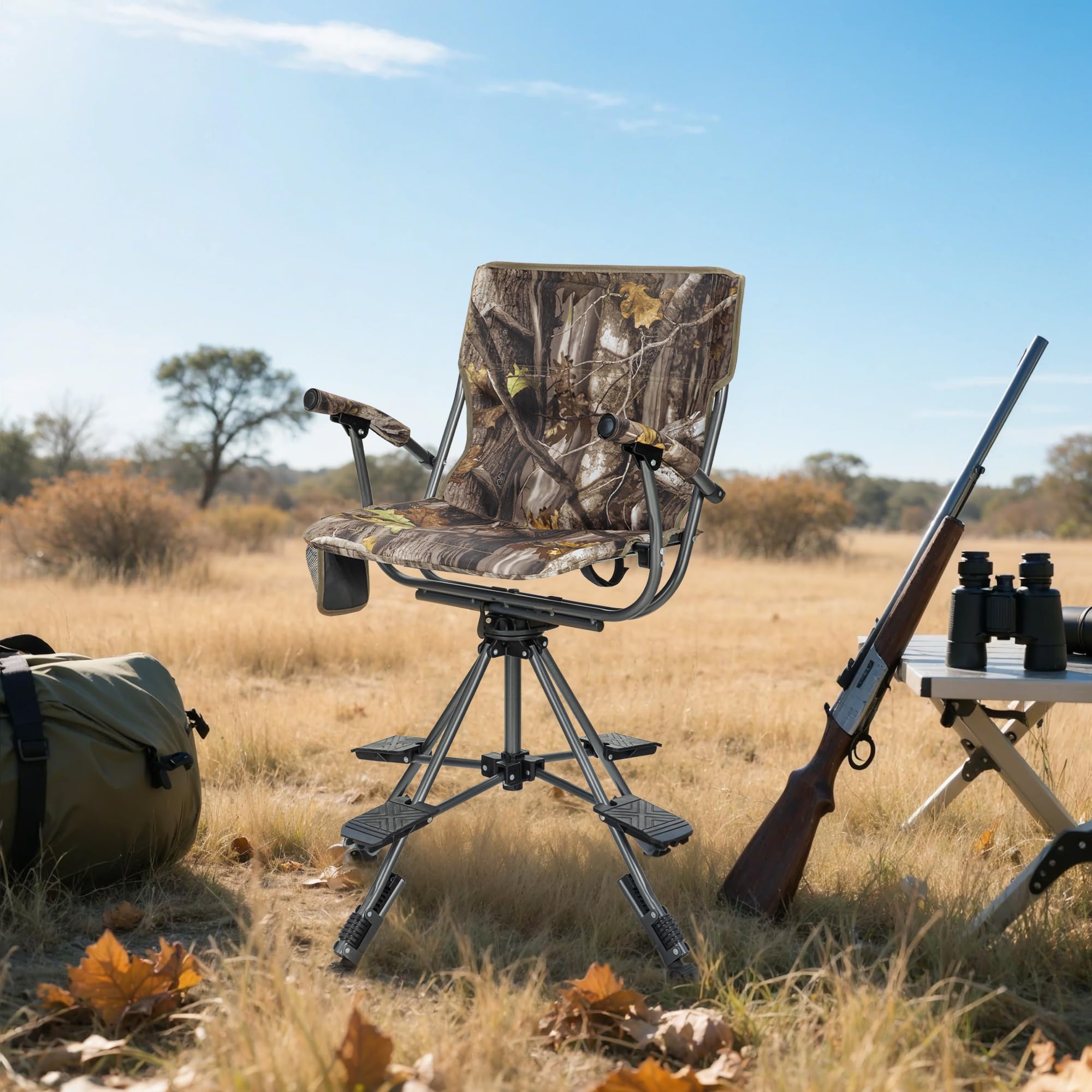 HIGH POINT SPORTS hunting chair folding 4-leg base offers stable setup on uneven ground.