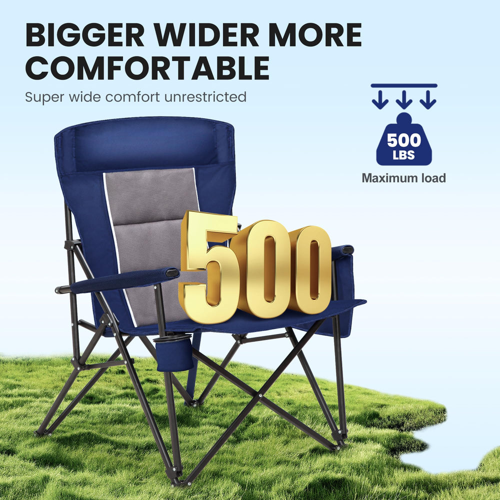 HIGH POINT SPORTS oversized blue camping chair cup holder close-up showing convenient access.