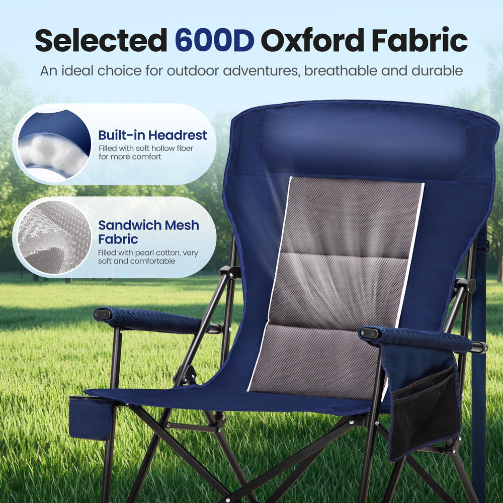 HIGH POINT SPORTS oversized blue camping chair folded in carry bag for travel.