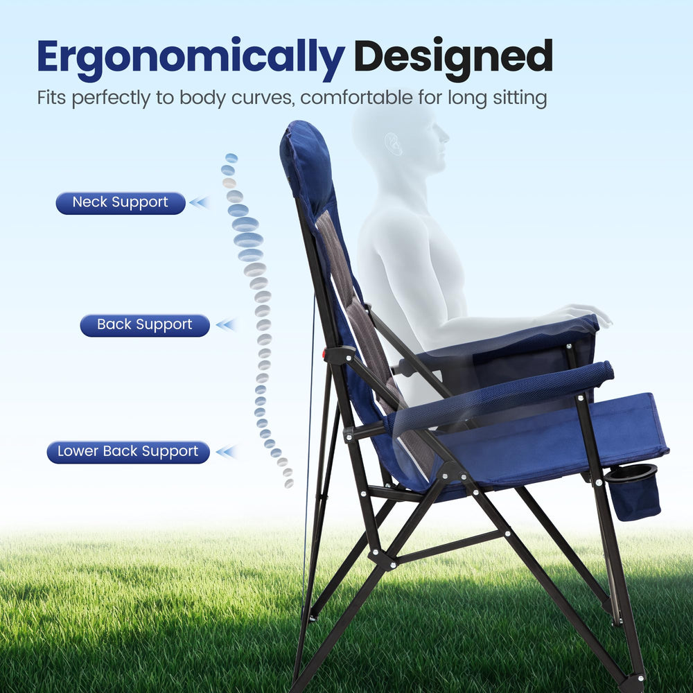 HIGH POINT SPORTS oversized blue camping chair outdoors with people enjoying shade.