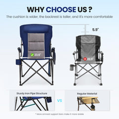 HIGH POINT SPORTS oversized blue camping chair side pocket with essentials storage.
