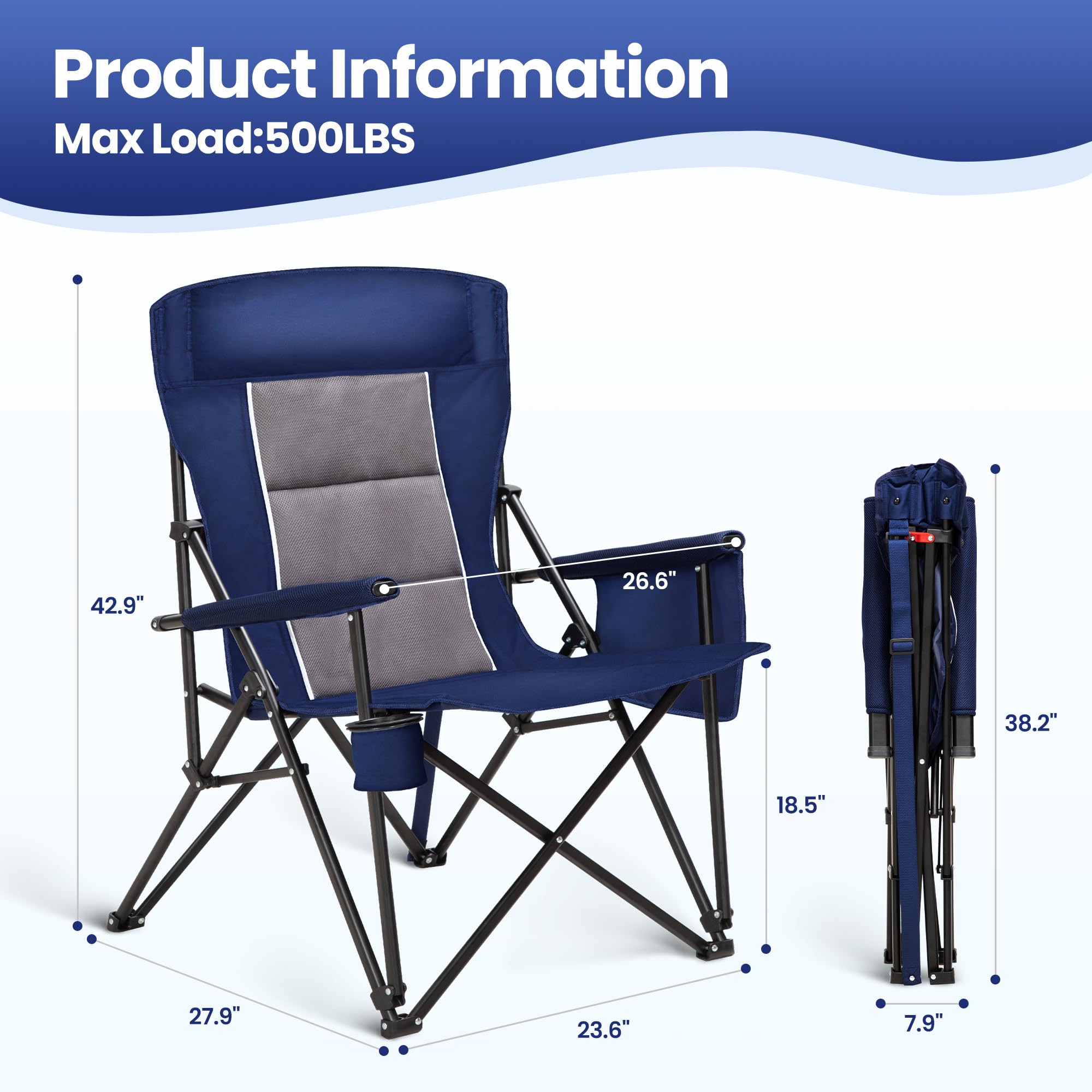 HIGH POINT SPORTS oversized blue camping chair side profile with cup holder for drinks.
