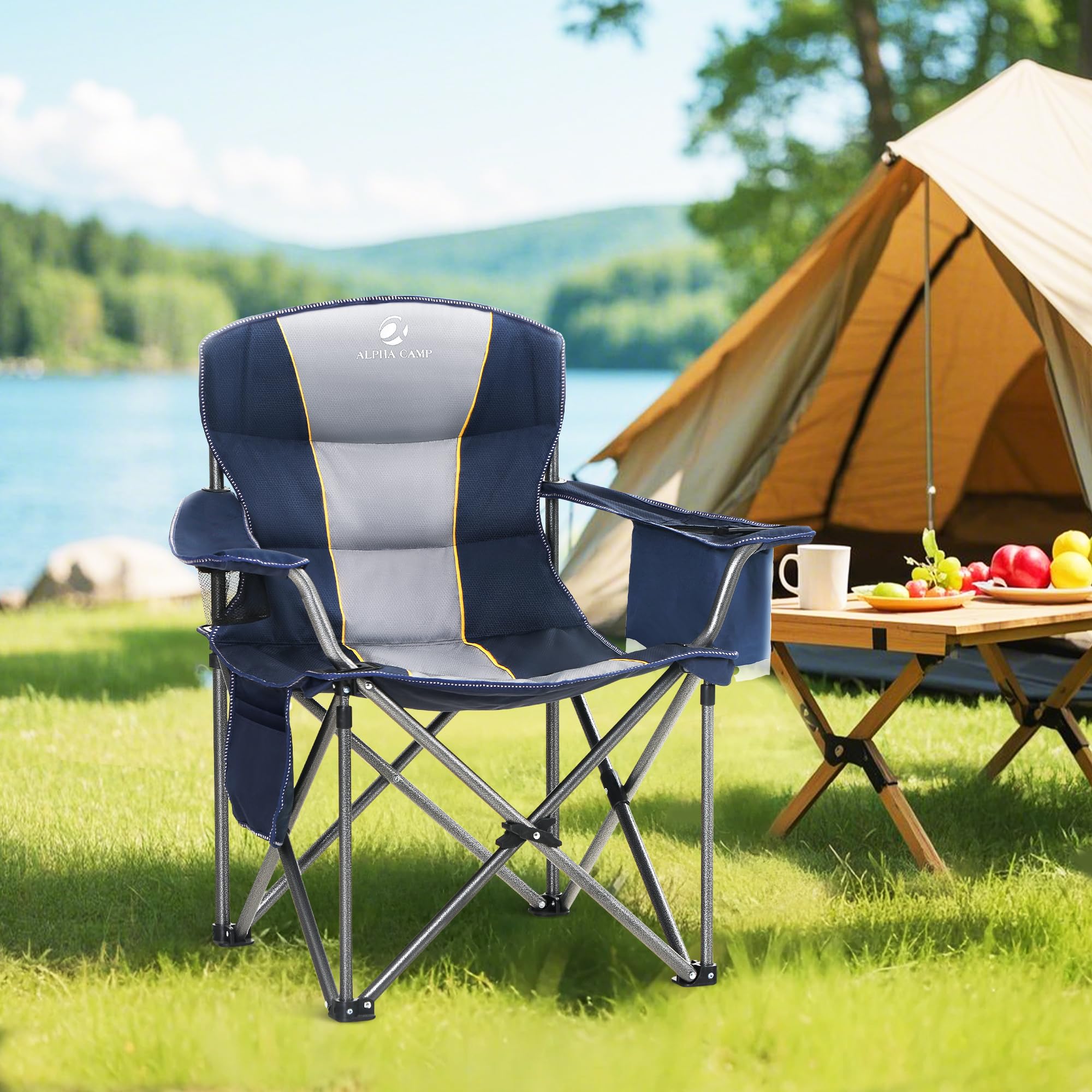 HIGH POINT SPORTS blue camping chair opened with large seat for comfort.