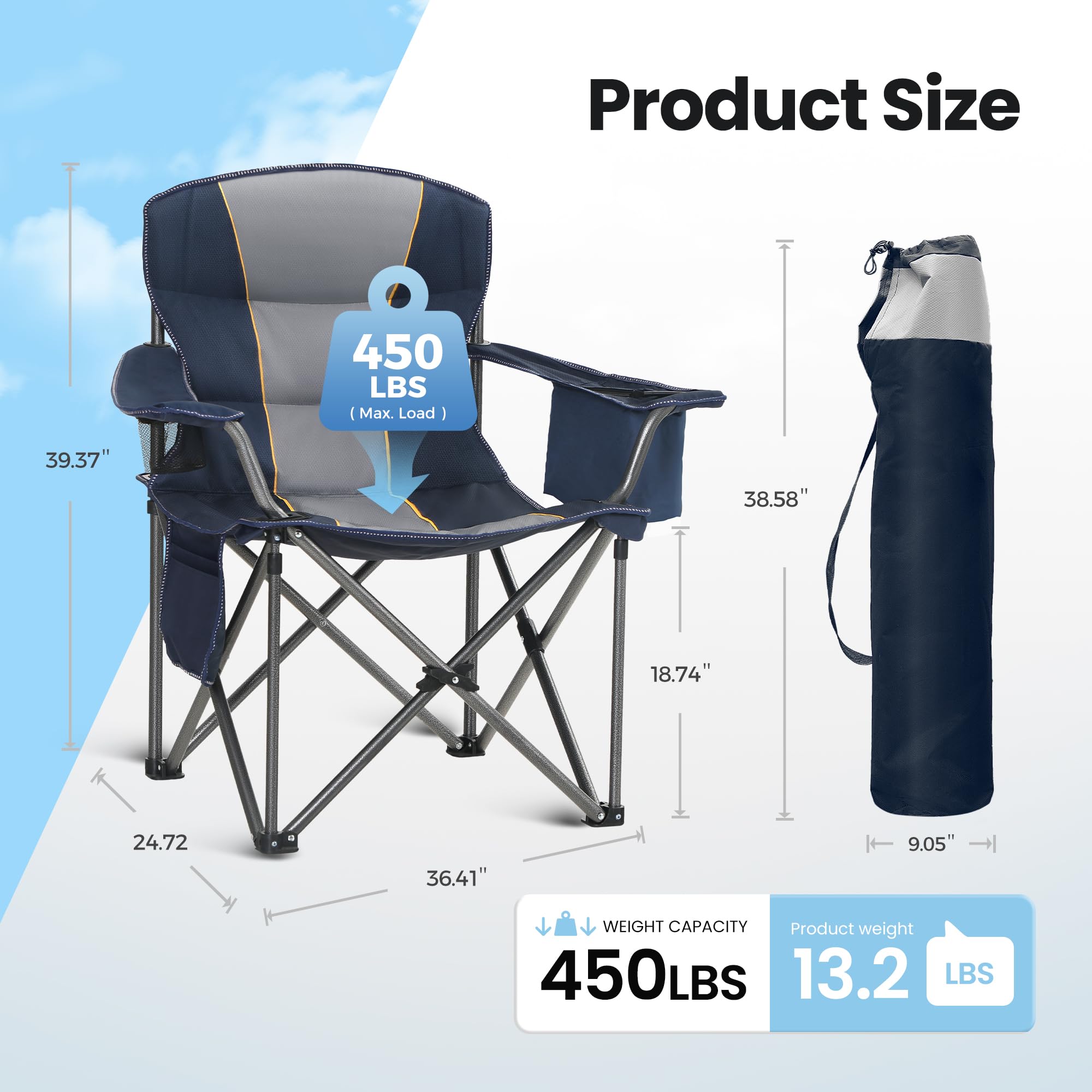 HIGH POINT SPORTS chair blue with side pocket for quick access items.