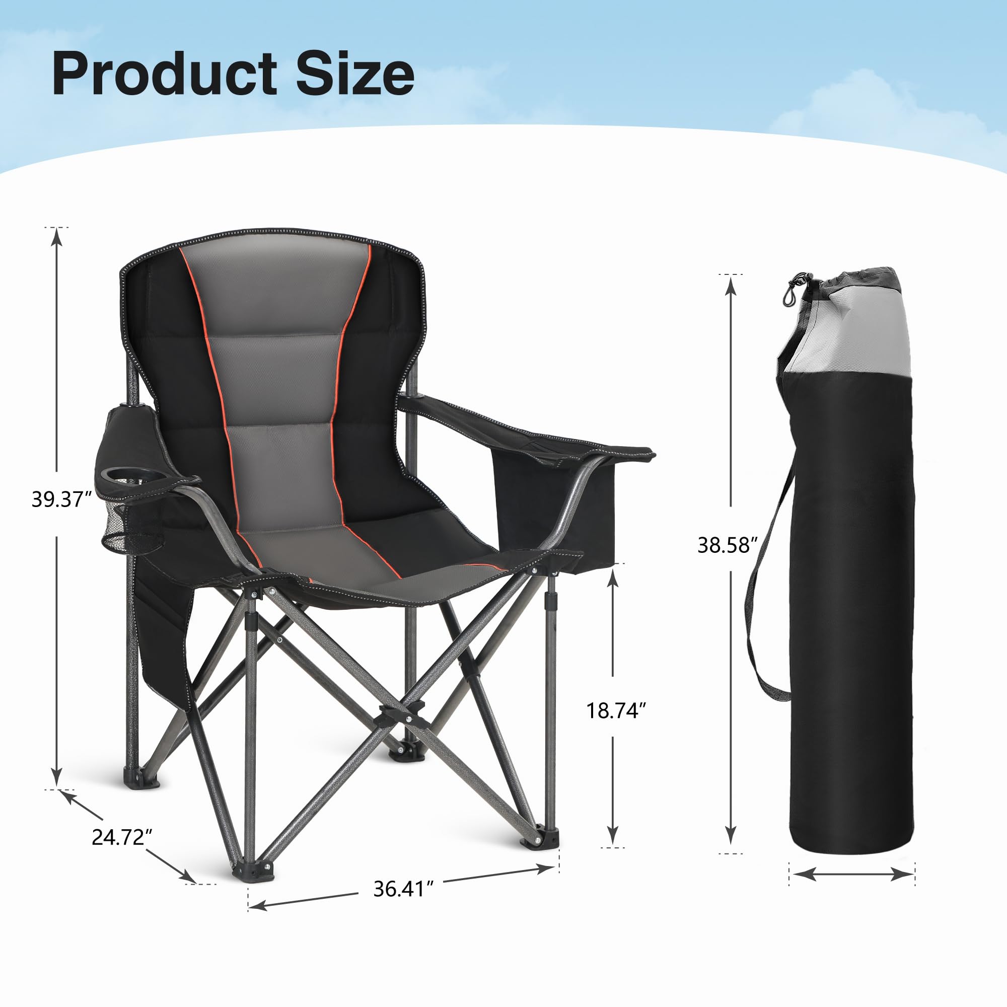 HIGH POINT SPORTS folding chair folded compactly for travel in carrying bag.