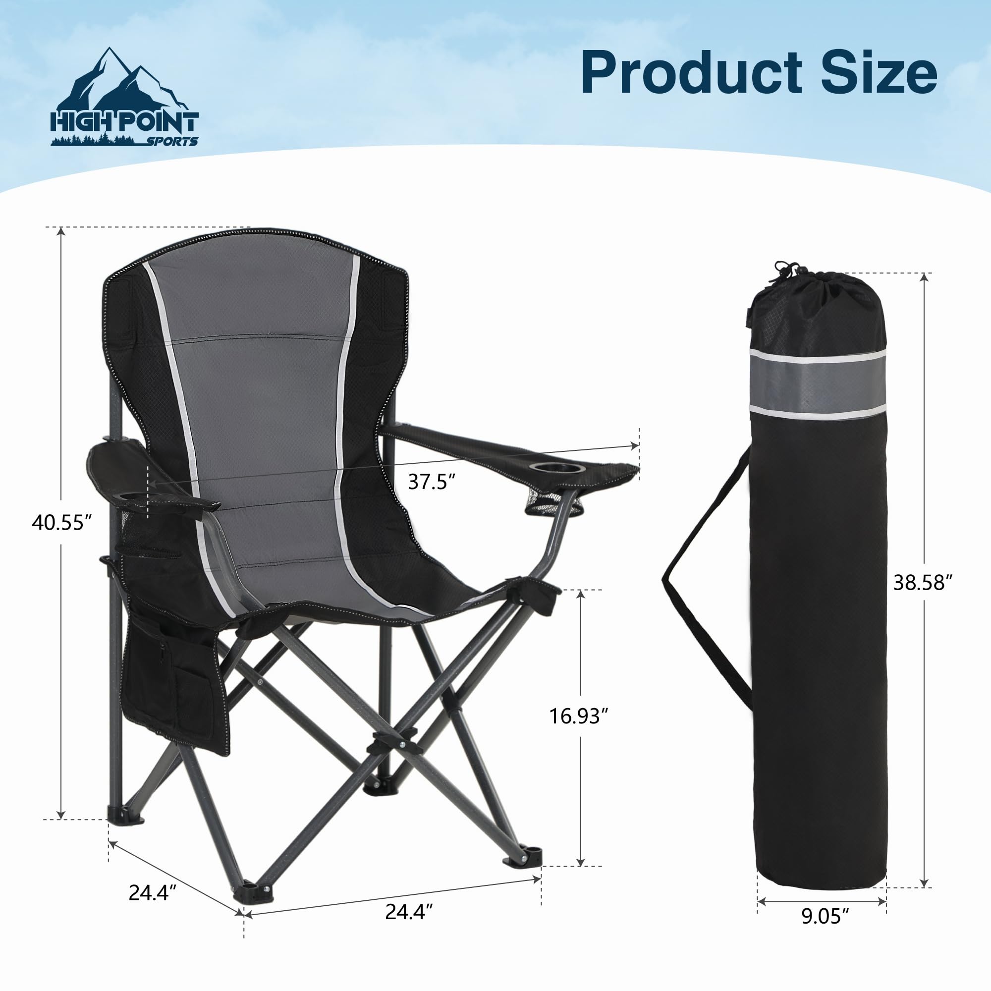 HIGH POINT SPORTS oversized chair with backrest provides comfortable seating for outdoor events.