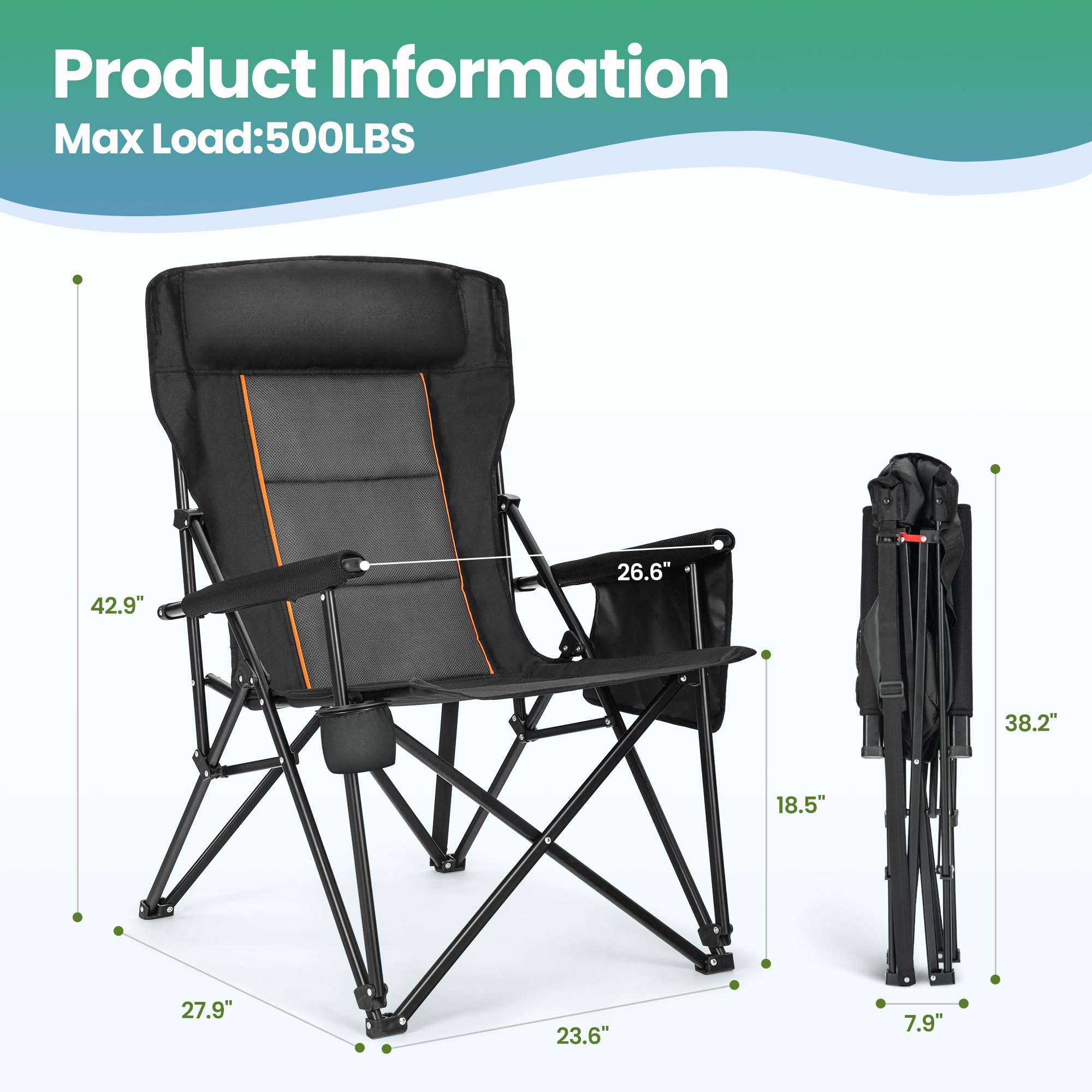 HIGH POINT SPORTS oversized folding camping chair armrest with cup holder keeps drinks nearby