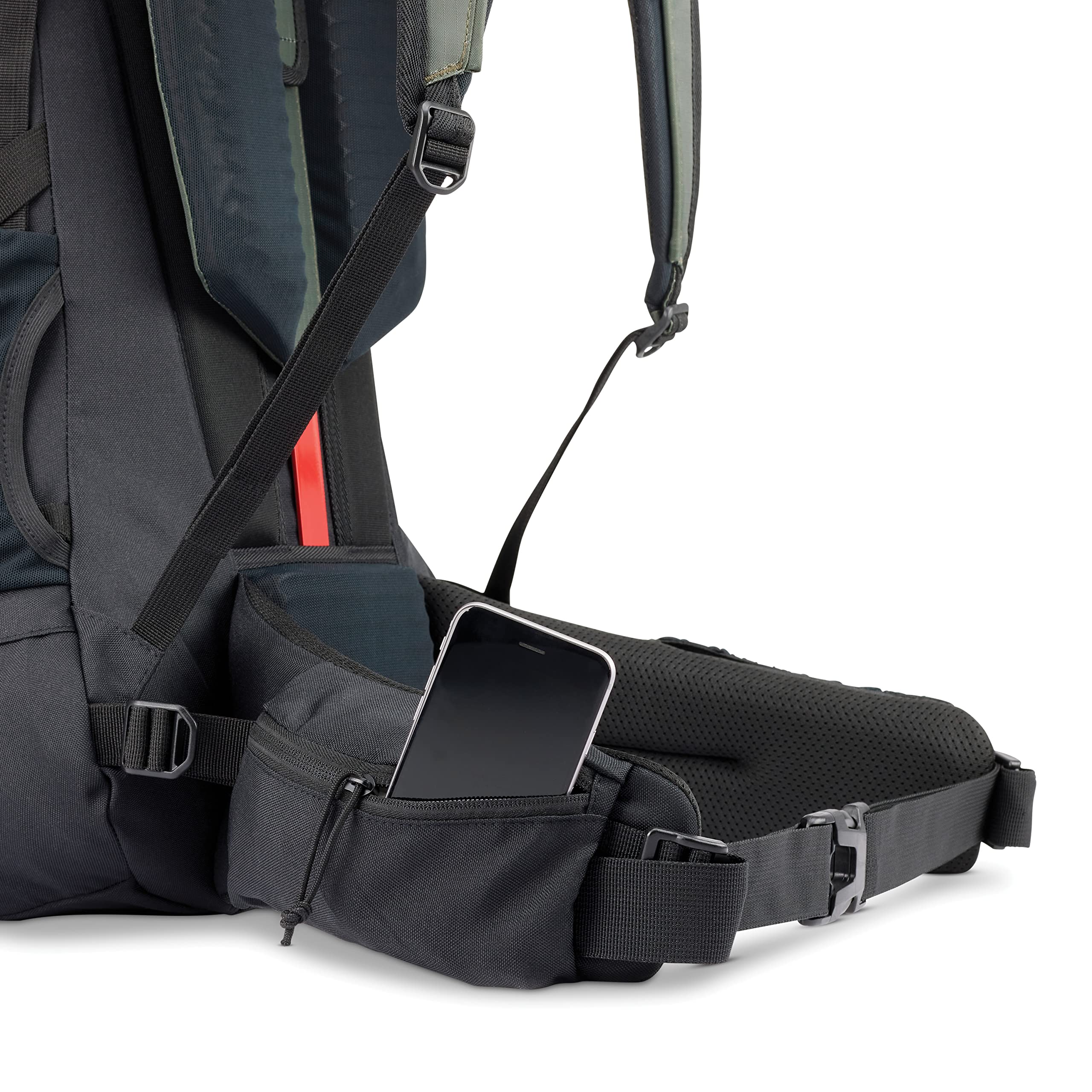 High Sierra Pathway 2.0 75L hydration pocket hose pass-through enables sipping while moving.