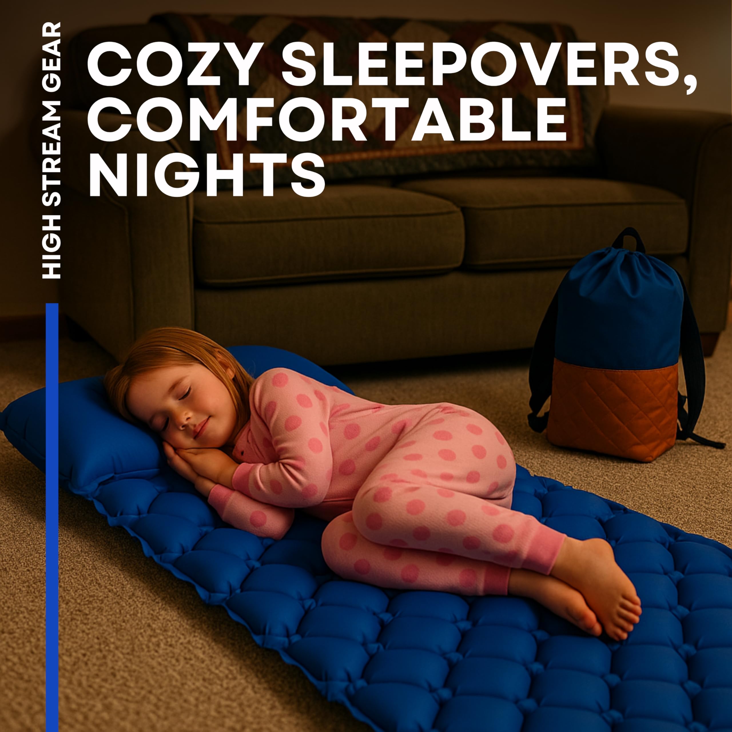 High Stream Gear 2-inch thick blue sleeping pad cushions growing explorers during trips