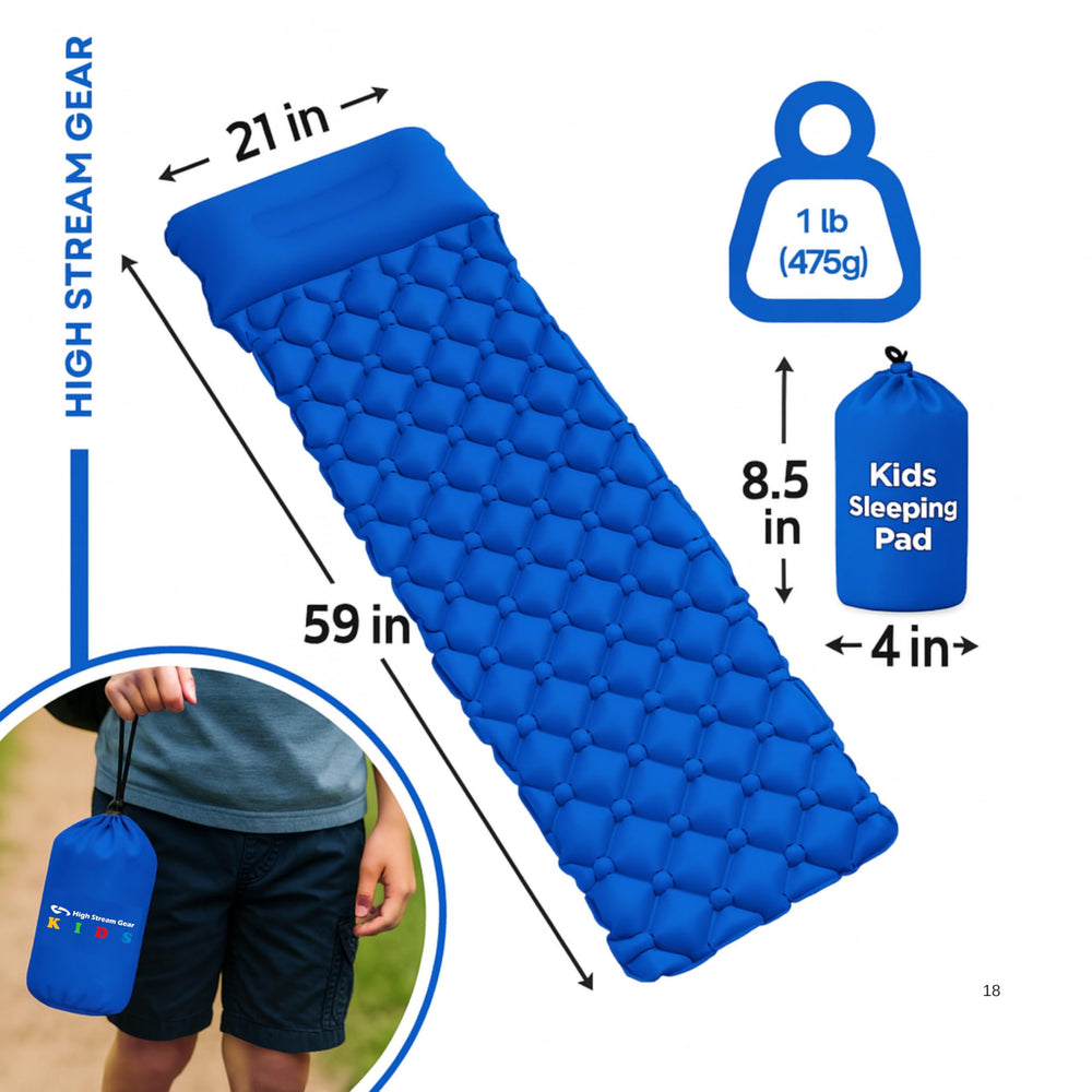 High Stream Gear kids sleeping pad built-in pillow blue supports head comfort during sleepovers
