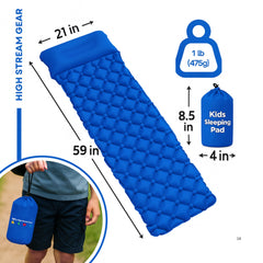 High Stream Gear kids sleeping pad built-in pillow blue supports head comfort during sleepovers