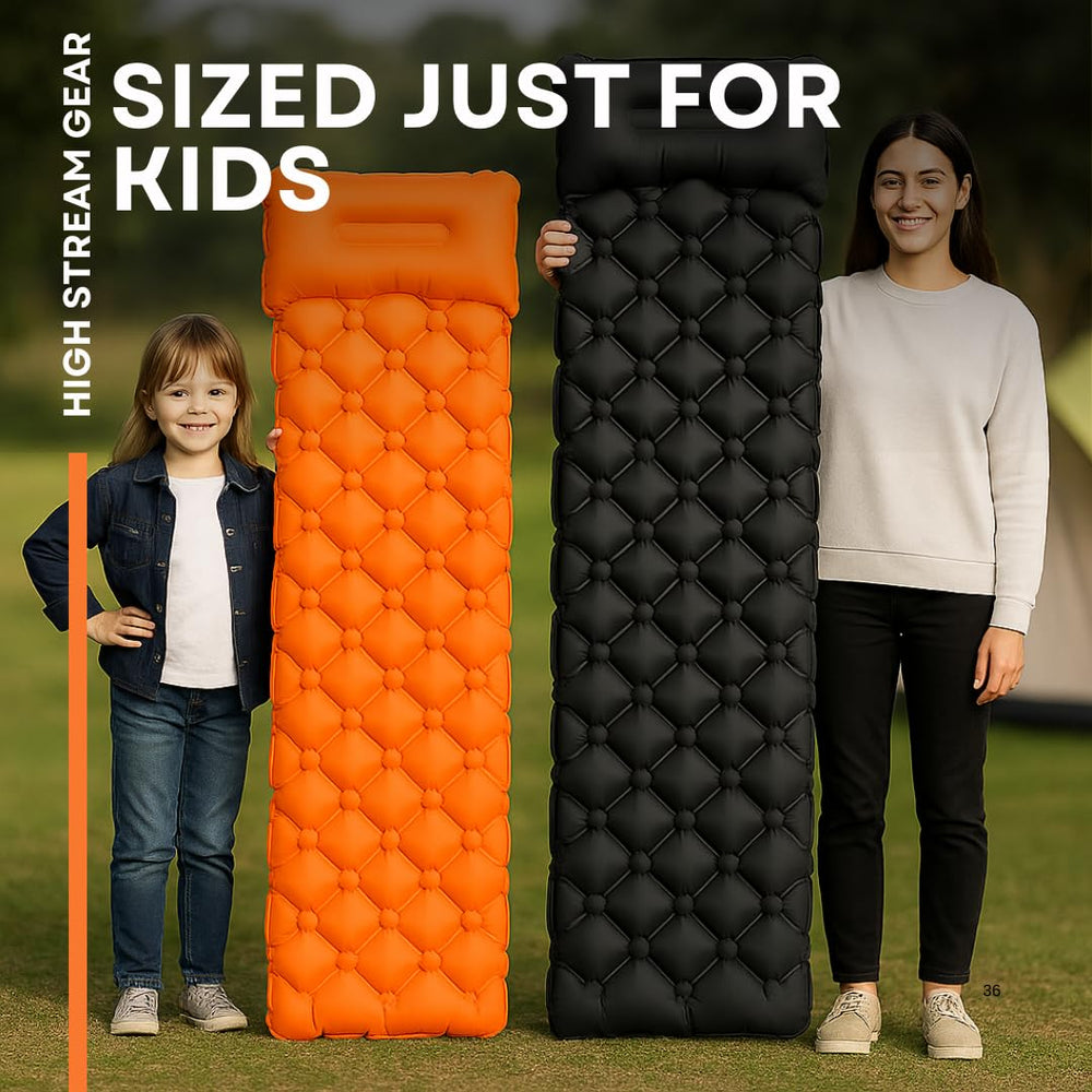 High Stream Gear kids sleeping pad orange folded for compact backpacking.
