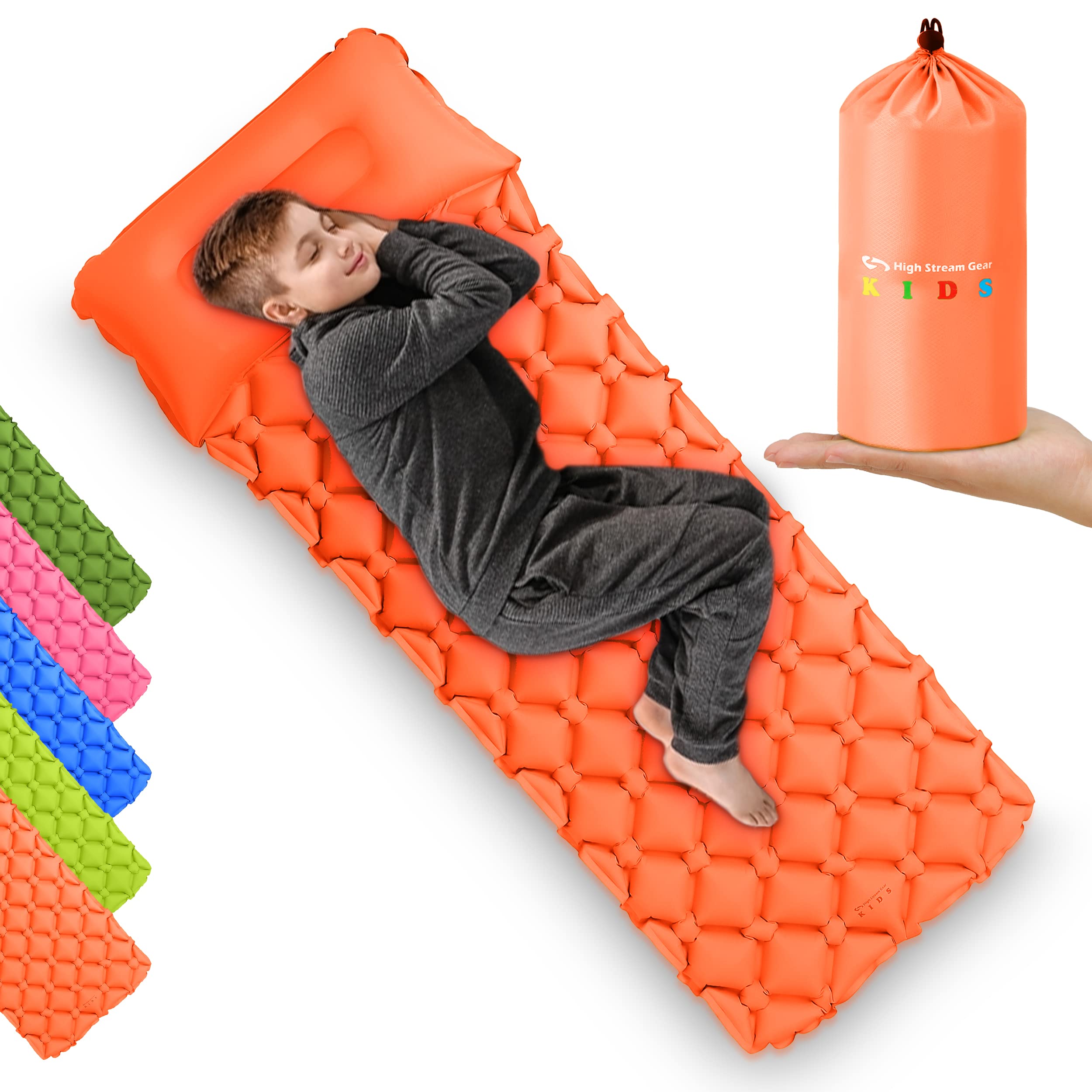 High Stream Gear kids sleeping pad orange inflated for cozy camp nights.