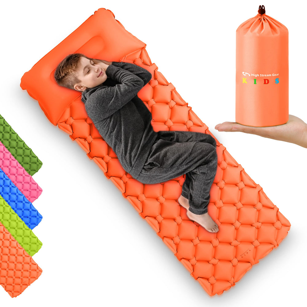 High Stream Gear kids sleeping pad orange inflated for cozy camp nights.