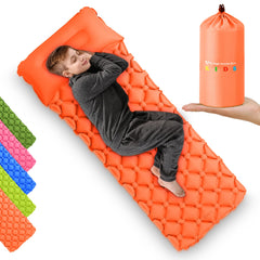 High Stream Gear kids sleeping pad orange inflated for cozy camp nights.